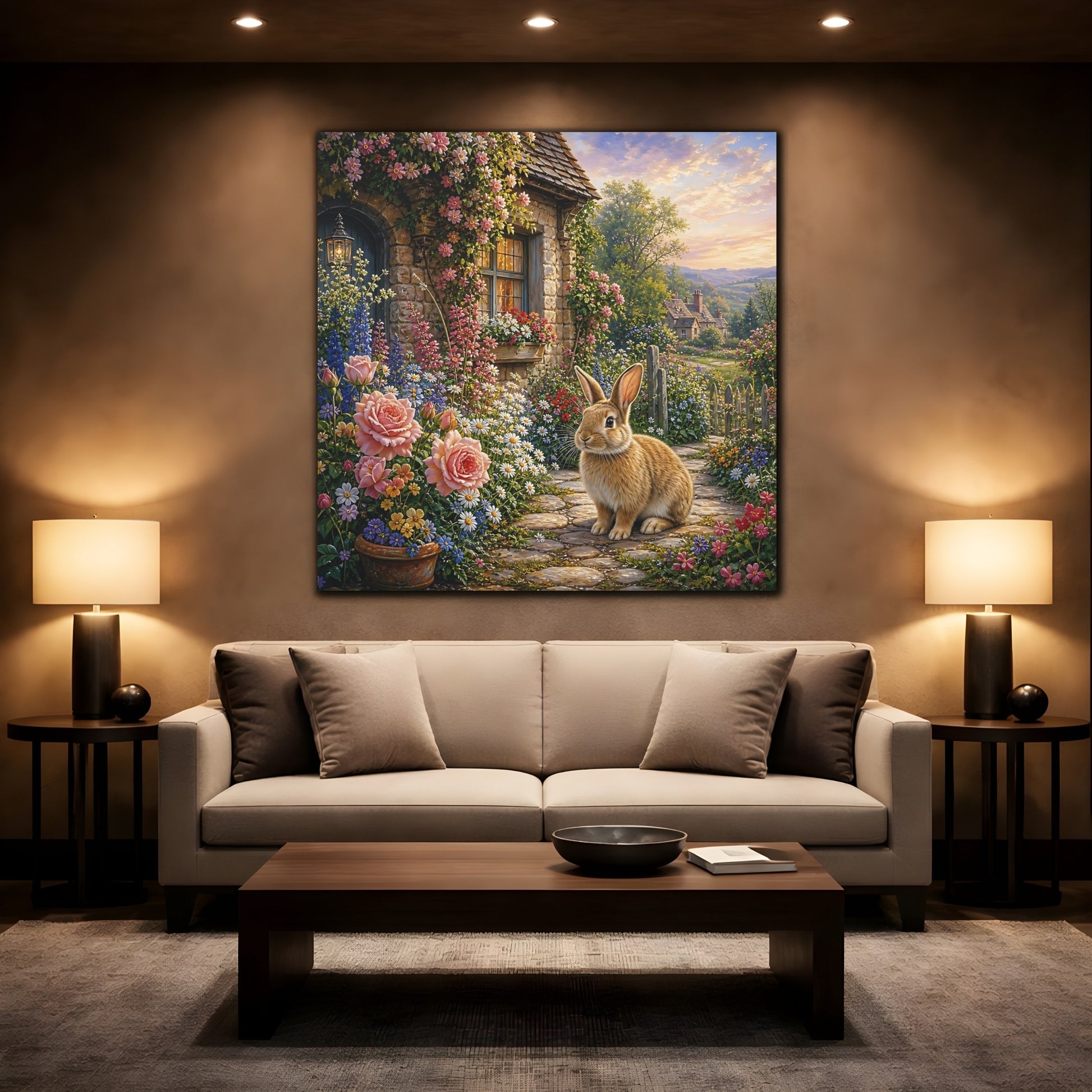Mockup 2. Fairytale Rabbit Fairytale Garden shown as stretched canvas wall art