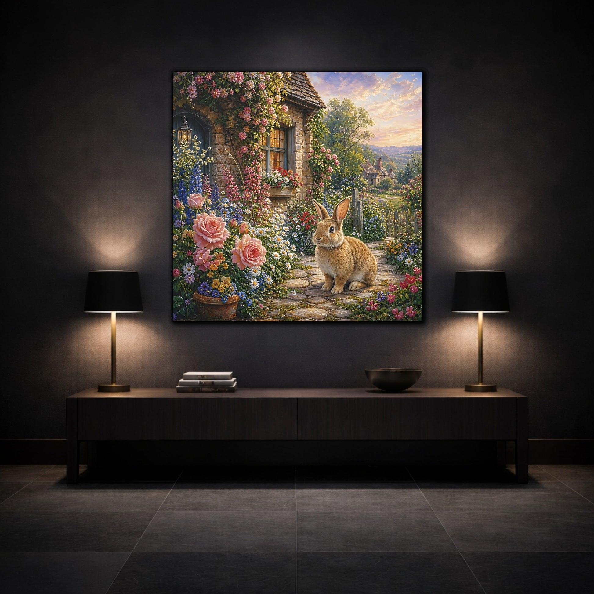 Mockup 3. Fairytale Rabbit Fairytale Garden shown as stretched canvas wall art