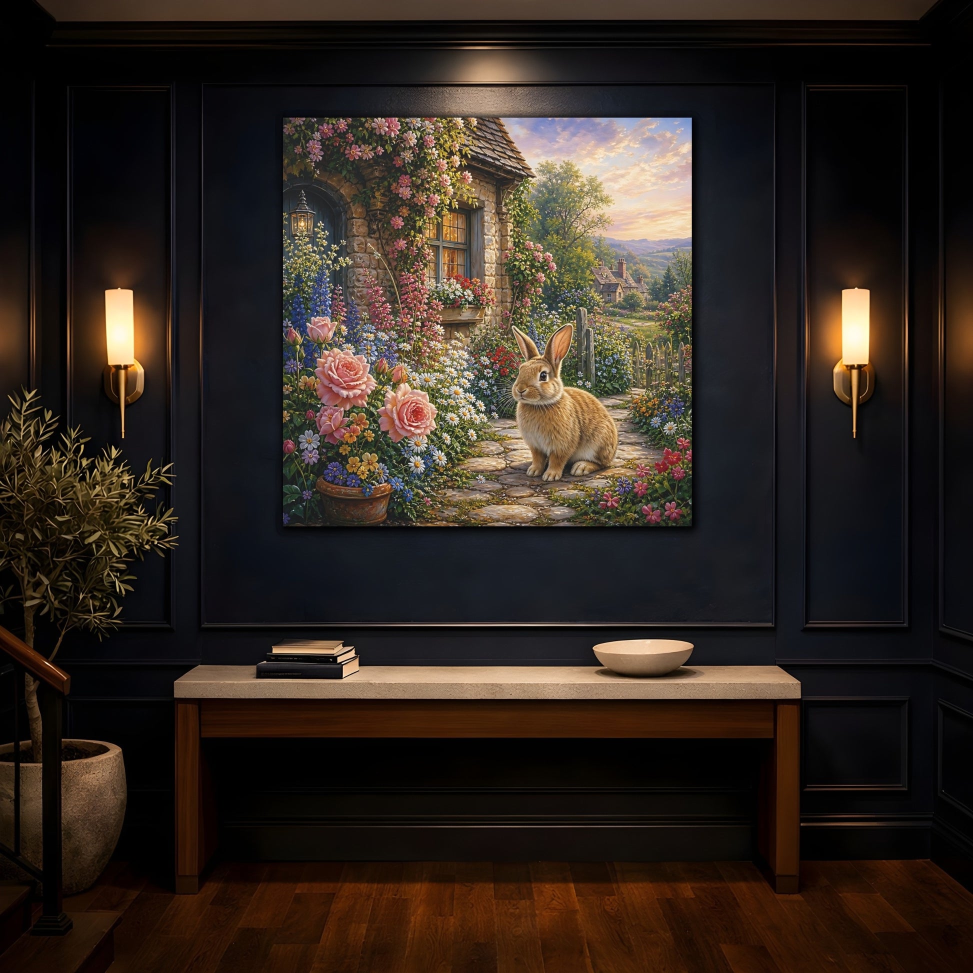 Mockup 4. Fairytale Rabbit Fairytale Garden shown as stretched canvas wall art