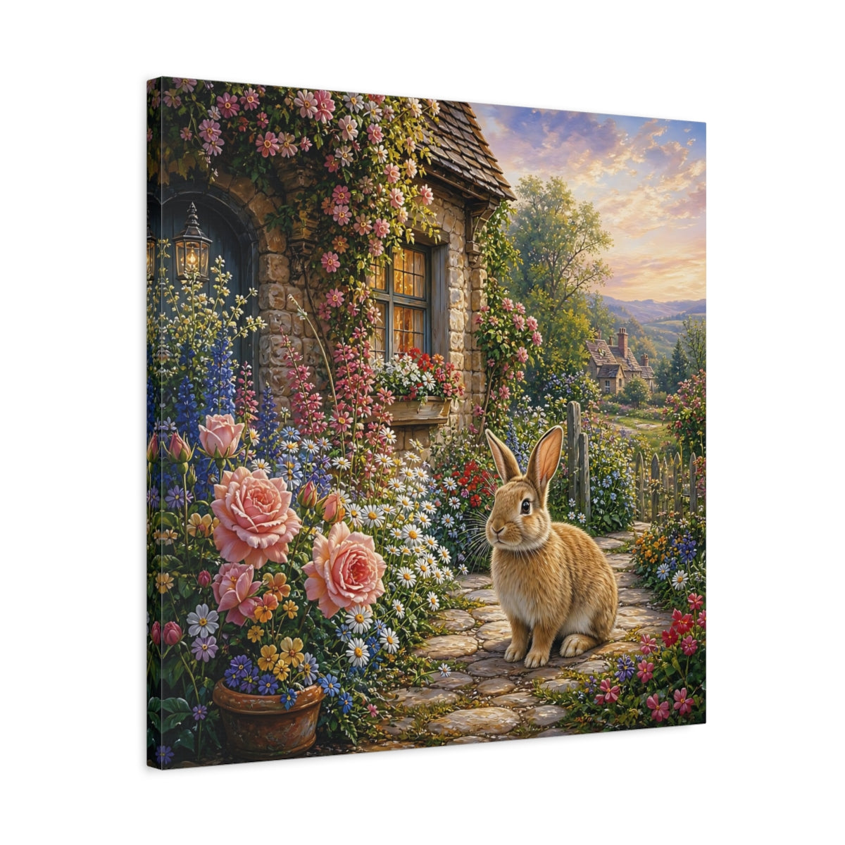 Side Mockup 4. Fairytale Rabbit Fairytale Garden shown as stretched canvas wall art