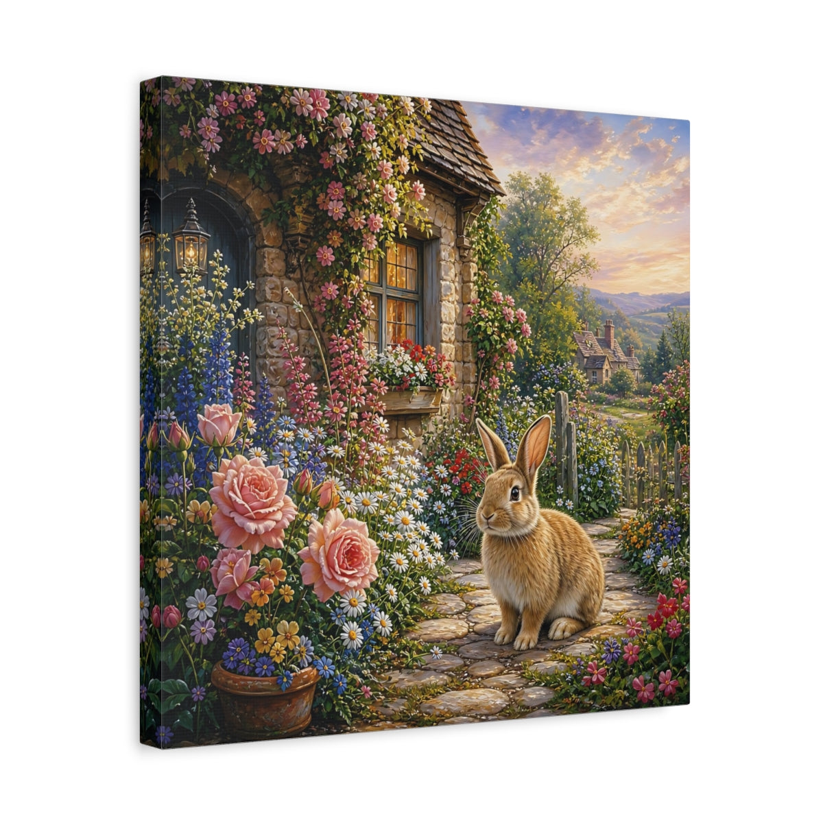 Side Mockup 6. Fairytale Rabbit Fairytale Garden shown as stretched canvas wall art