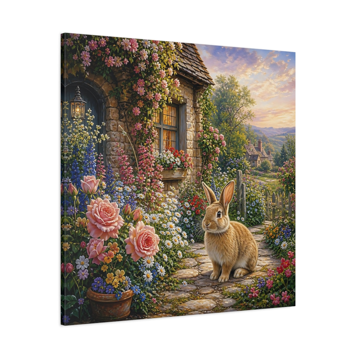 Side Mockup 1. Fairytale Rabbit Fairytale Garden shown as stretched canvas wall art
