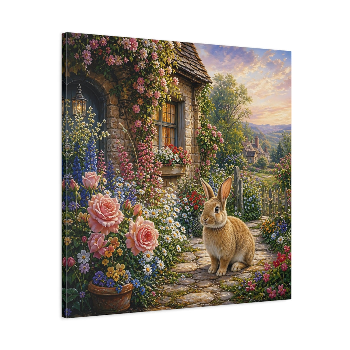 Side Mockup 3. Fairytale Rabbit Fairytale Garden shown as stretched canvas wall art