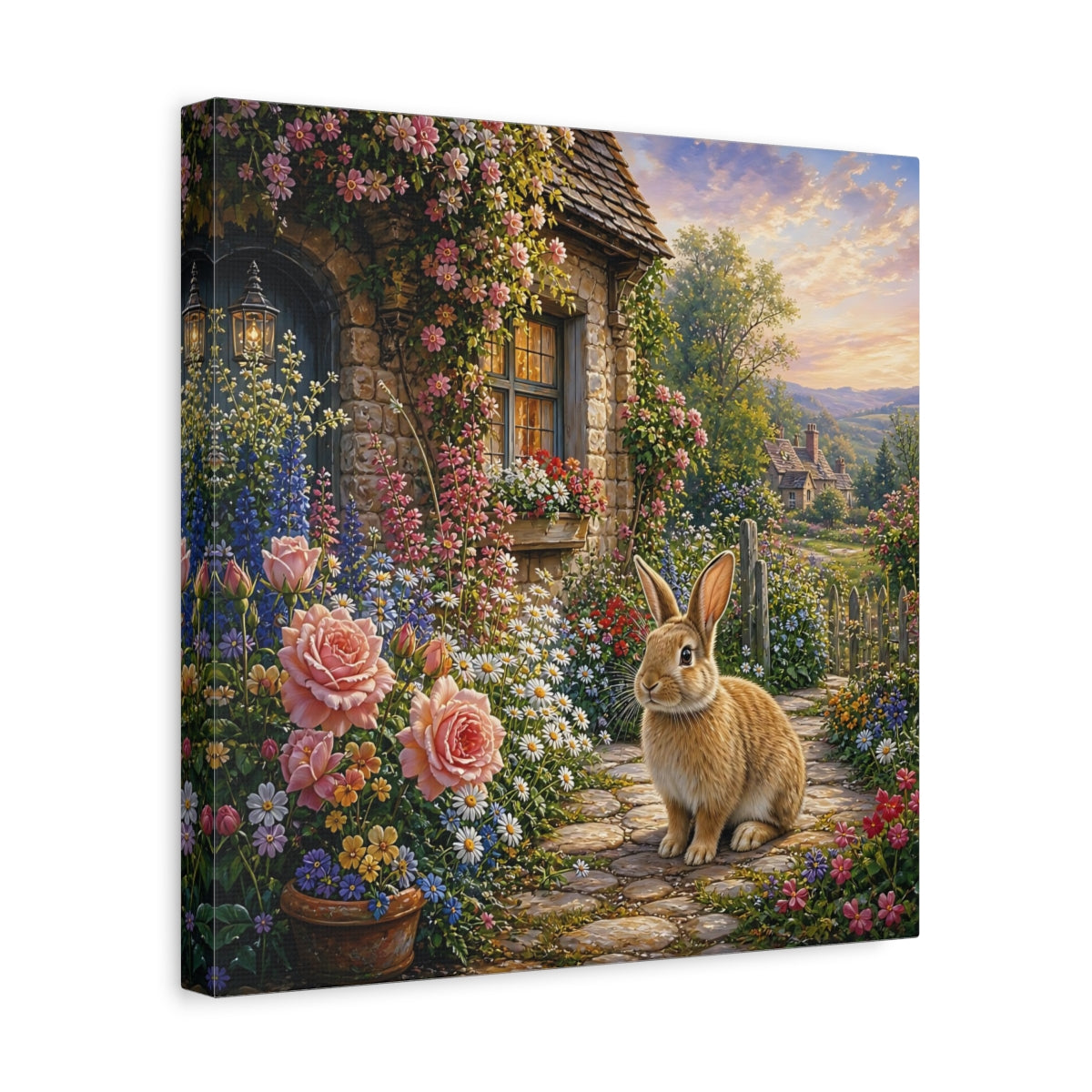Side Mockup 7. Fairytale Rabbit Fairytale Garden shown as stretched canvas wall art