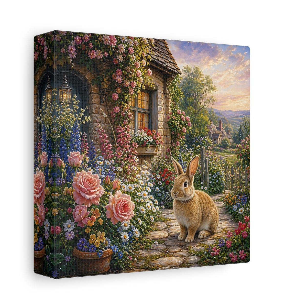 Side Mockup 2. Fairytale Rabbit Fairytale Garden shown as stretched canvas wall art