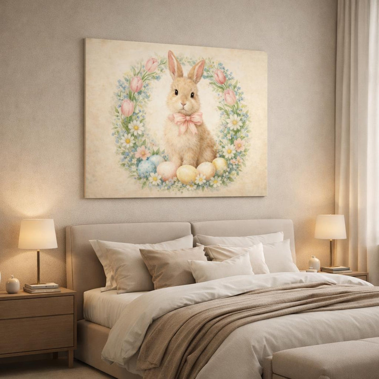 Fairytale Rabbit Pastel Easter Bunny shown as canvas wall art in a luxury bedroom