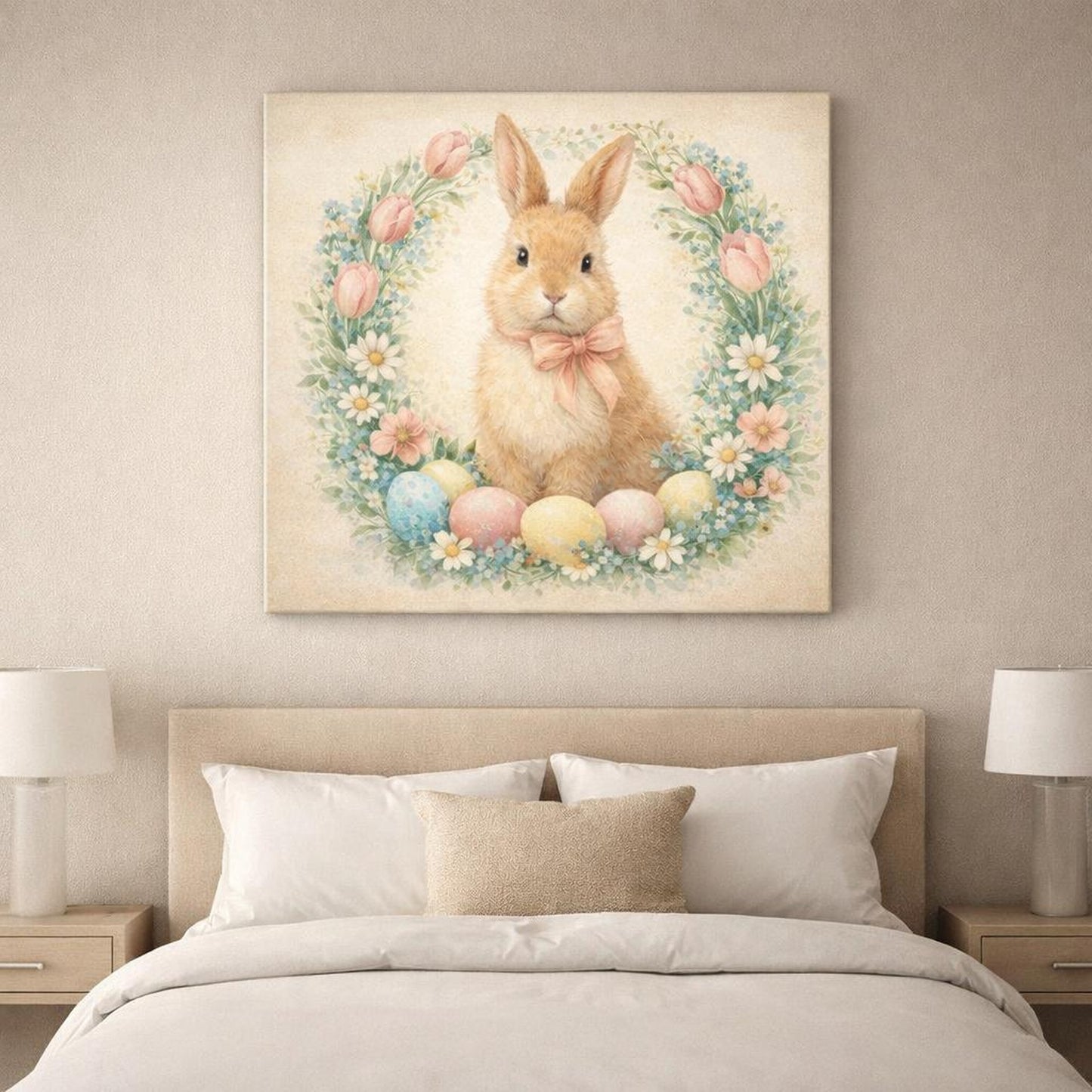 Fairytale Rabbit Pastel Easter Bunny shown as canvas wall art in a refined dining room