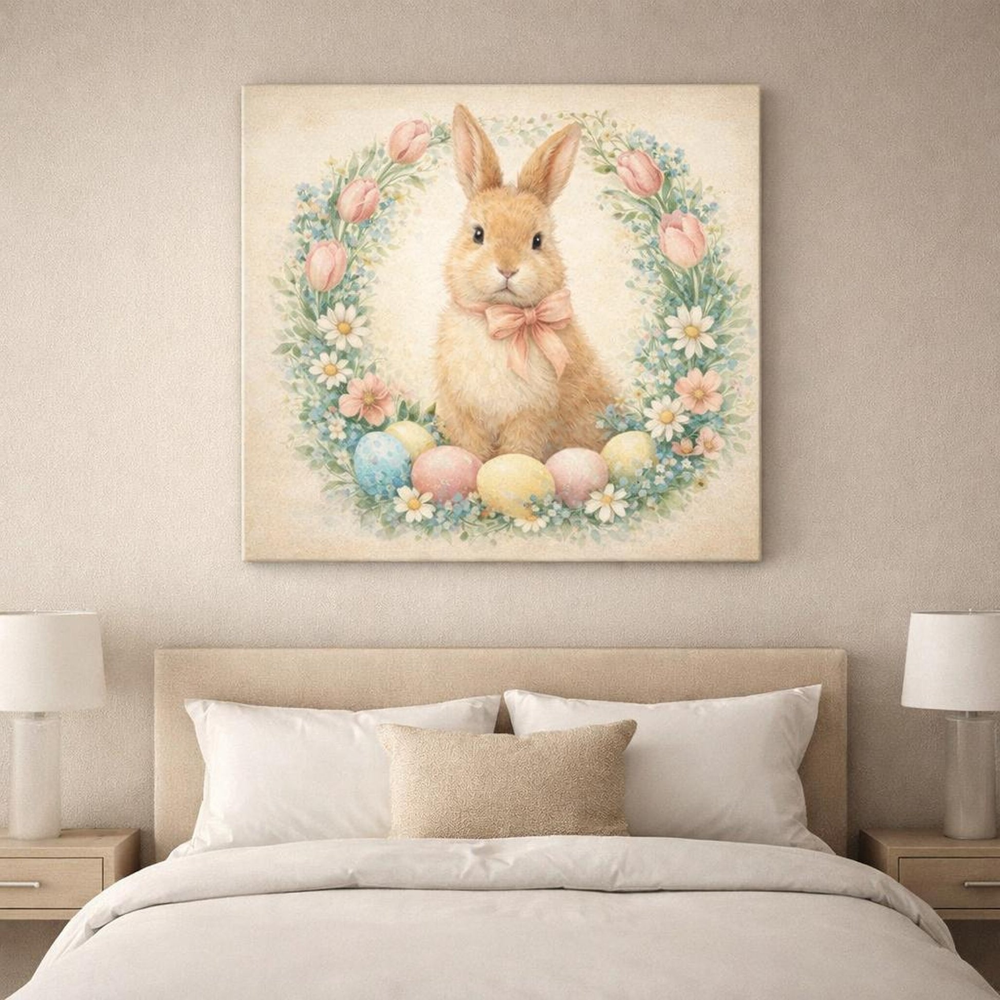 Fairytale Rabbit Pastel Easter Bunny shown as canvas wall art in a refined dining room