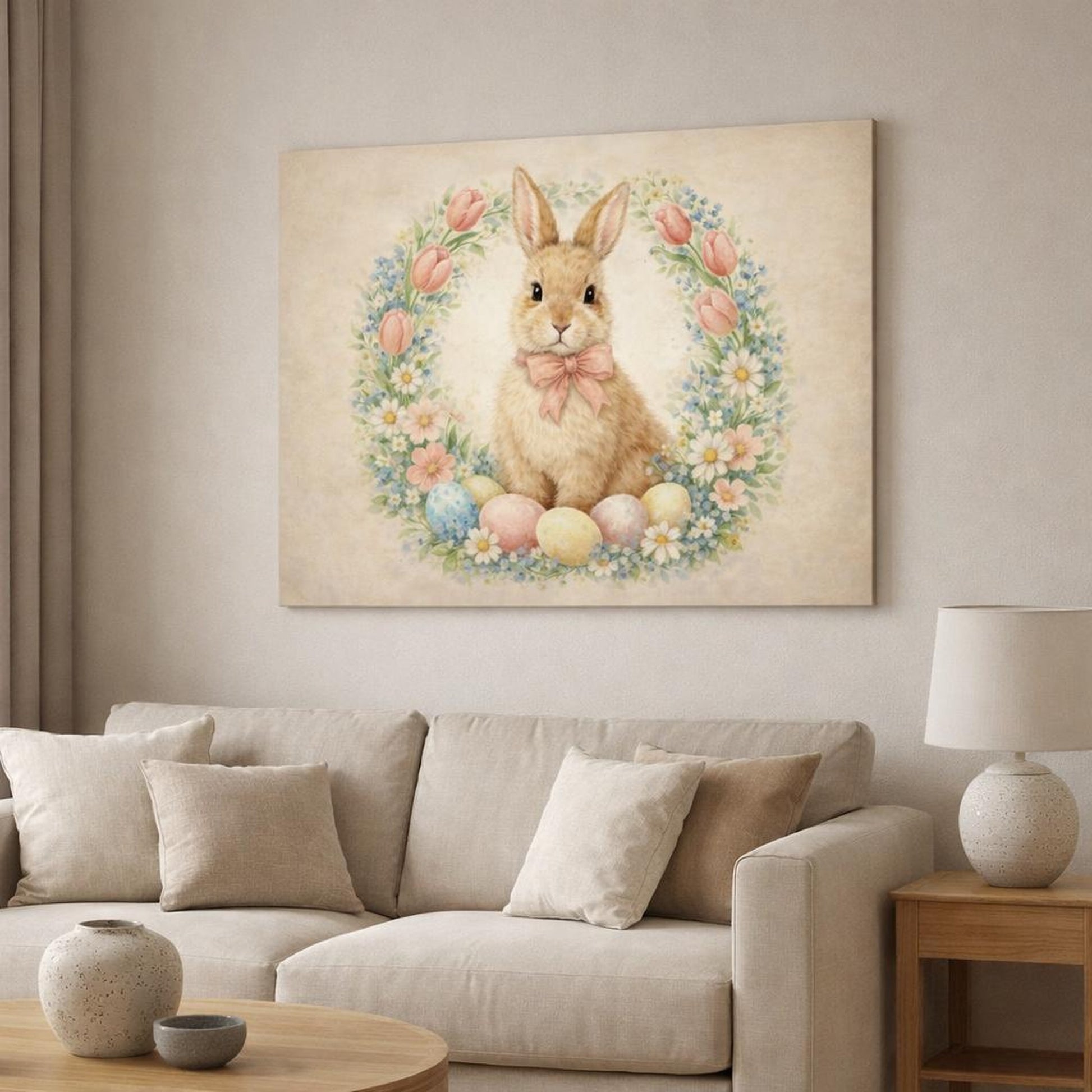 Fairytale Rabbit Pastel Easter Bunny shown as canvas wall art in a modern living room