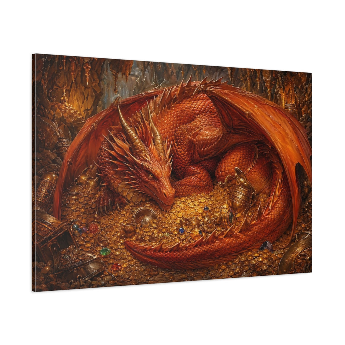 Side Mockup 1. Fairytale Red Dragon Red Dragon Gold shown as stretched canvas wall art