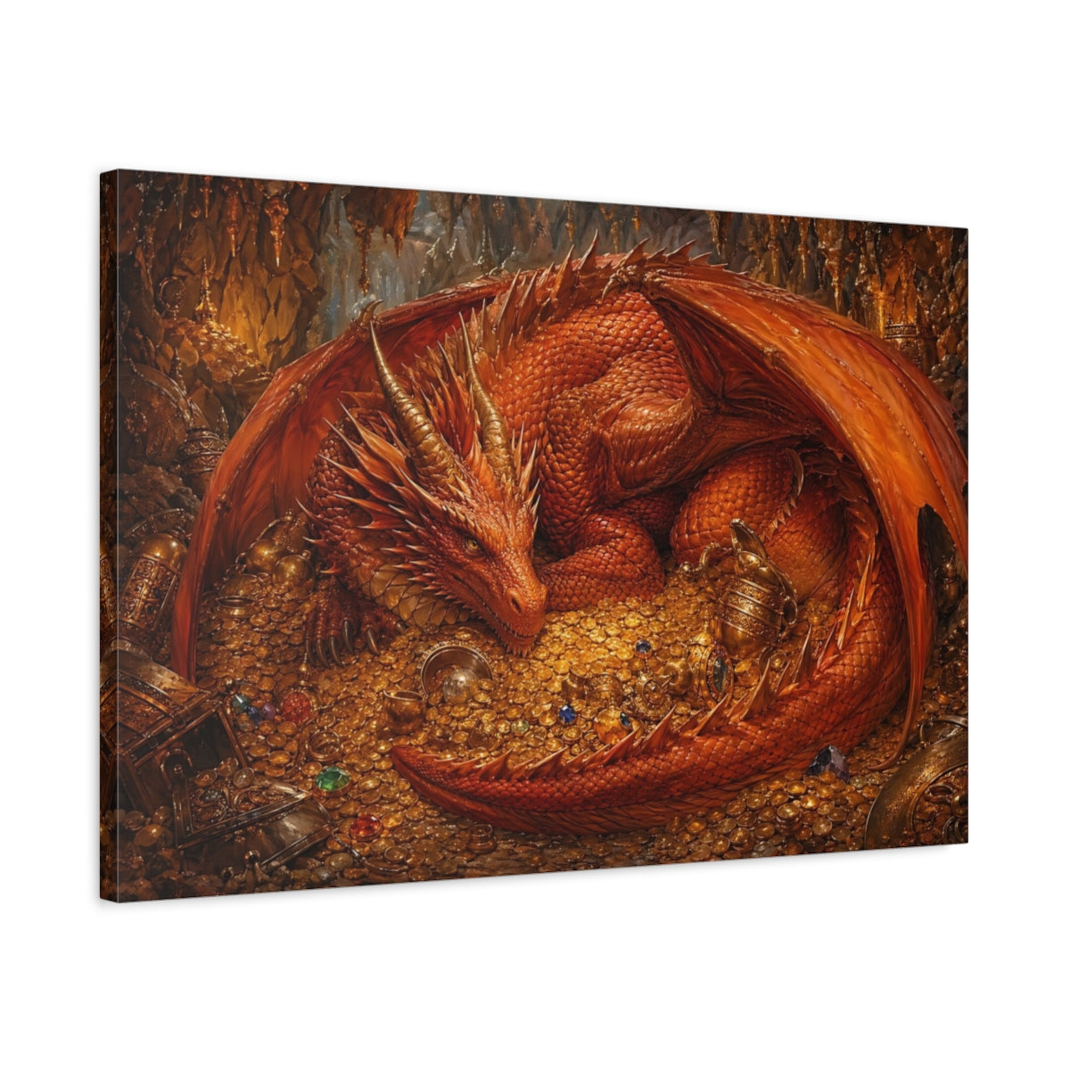 Side Mockup 2. Fairytale Red Dragon Red Dragon Gold shown as stretched canvas wall art