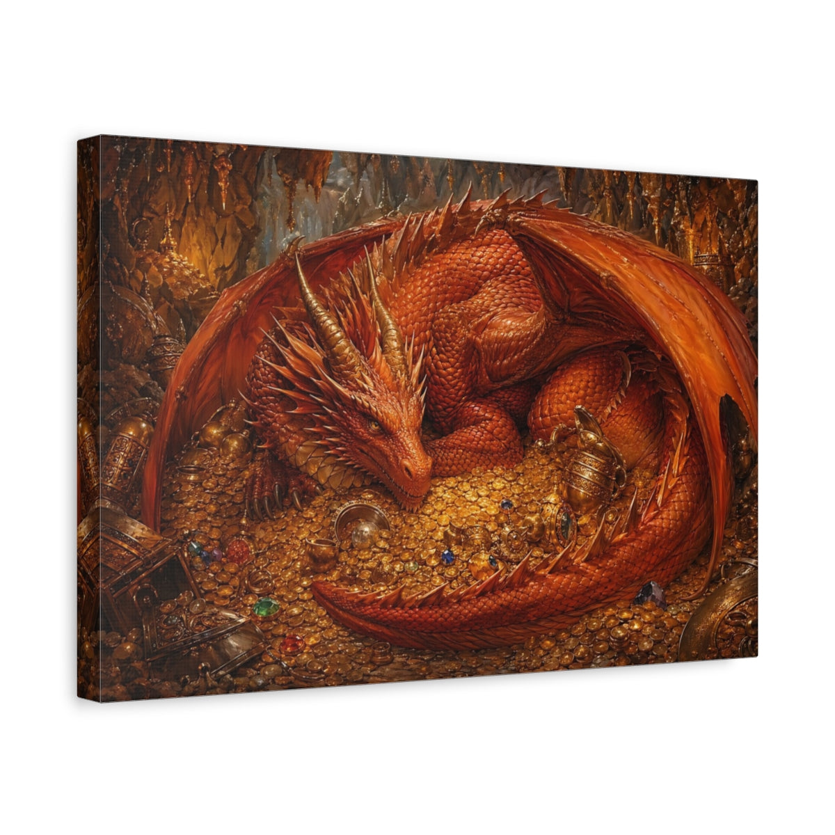Side Mockup 4. Fairytale Red Dragon Red Dragon Gold shown as stretched canvas wall art