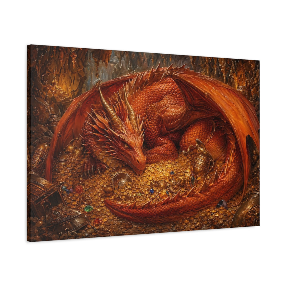 Main Mockup. Fairytale Red Dragon Red Dragon Gold shown as stretched canvas wall art