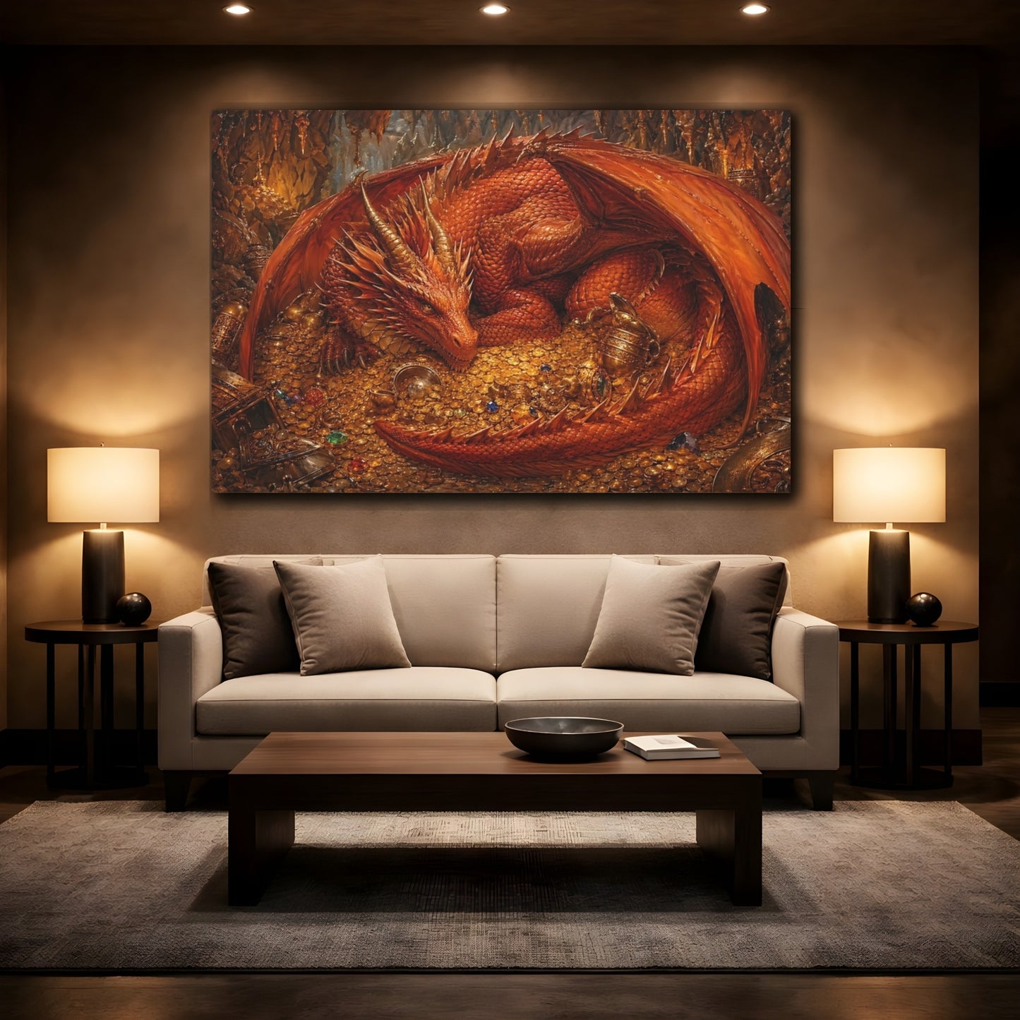 Mockup 2. Fairytale Red Dragon Red Dragon Gold shown as stretched canvas wall art