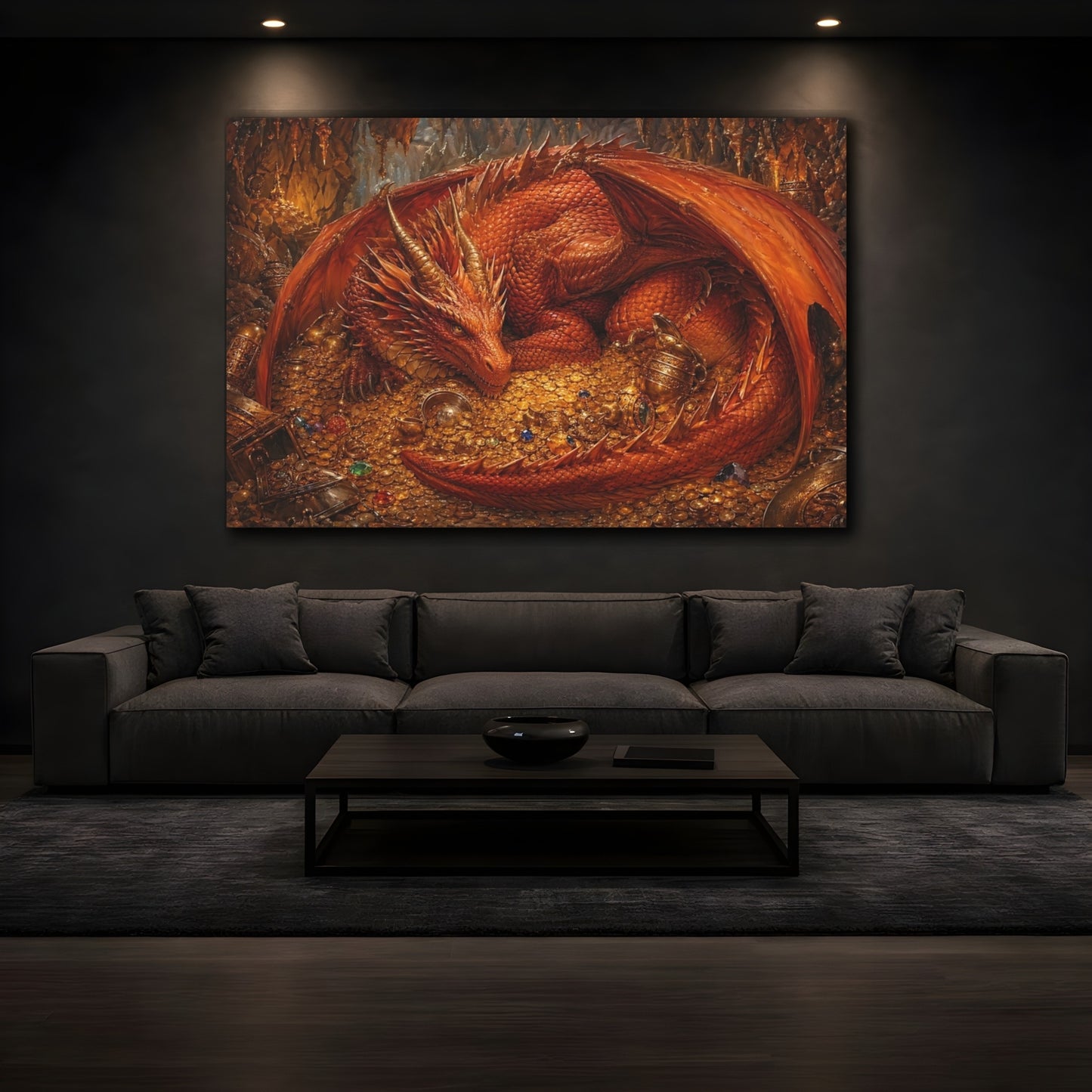 Mockup 3. Fairytale Red Dragon Red Dragon Gold shown as stretched canvas wall art