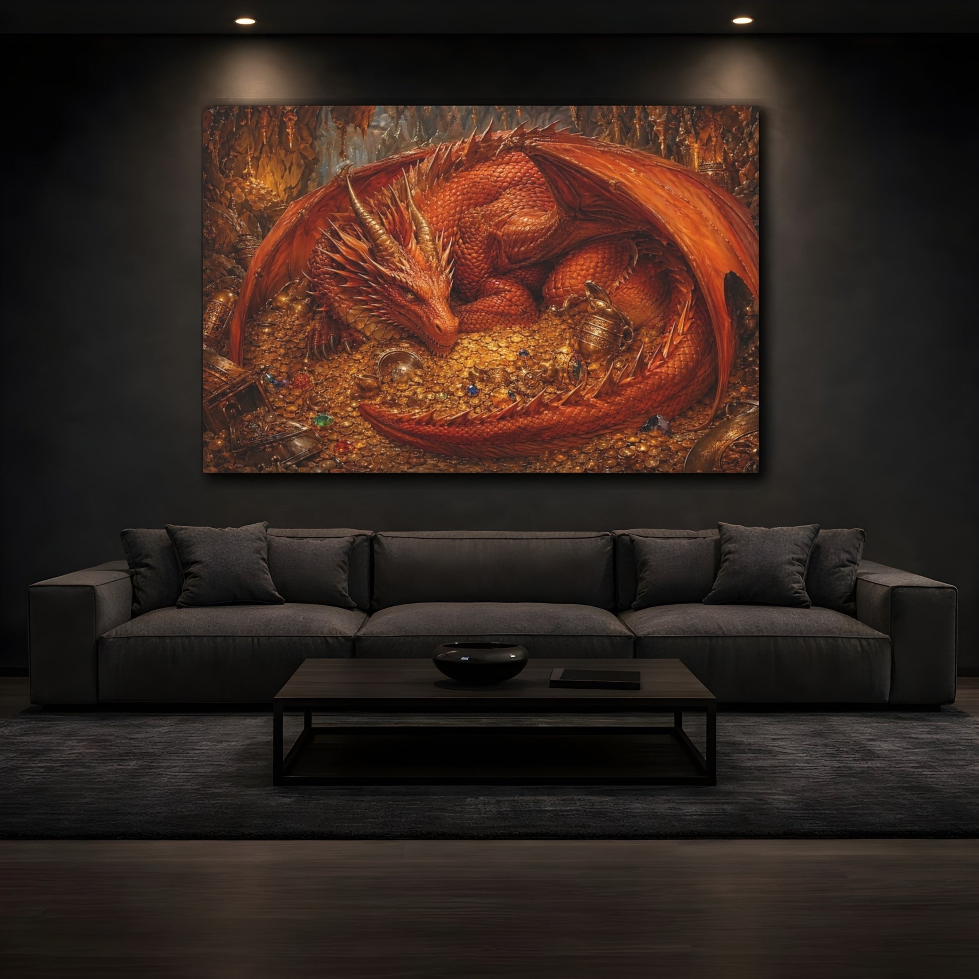 Mockup 3. Fairytale Red Dragon Red Dragon Gold shown as stretched canvas wall art