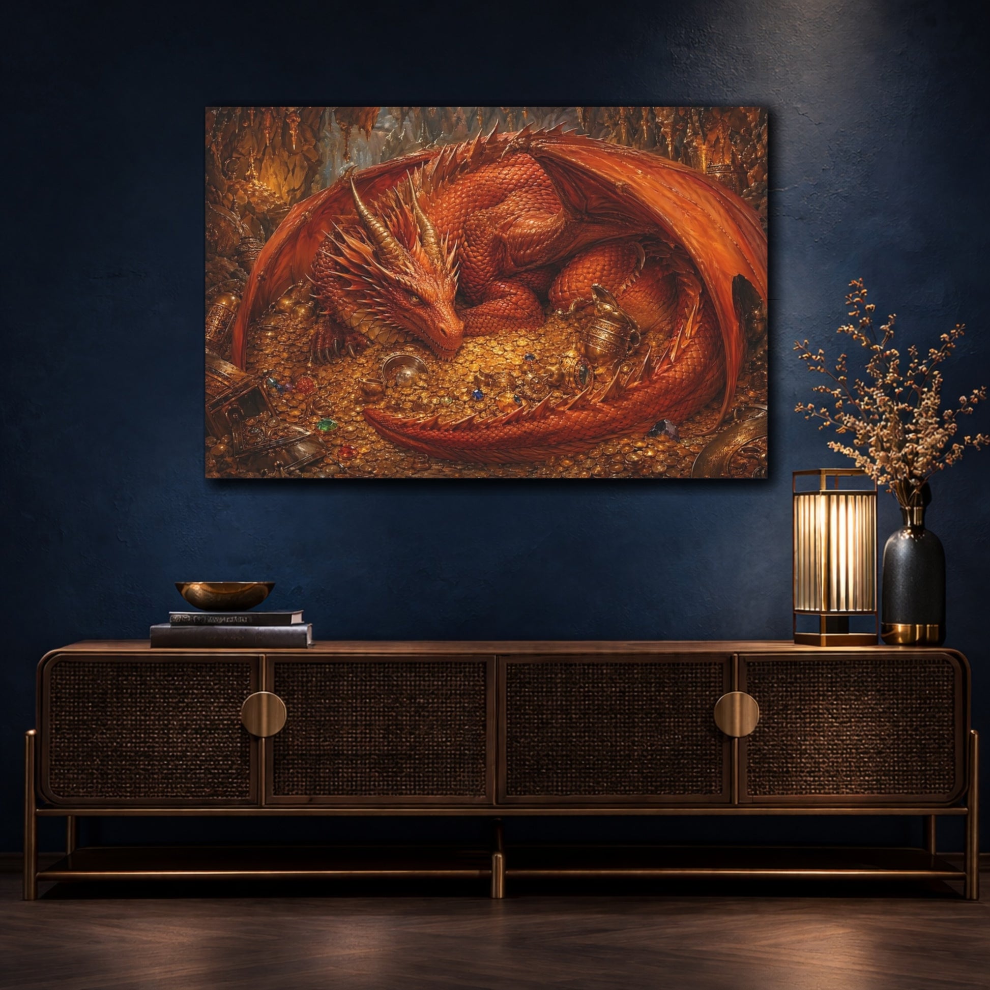 Mockup 4. Fairytale Red Dragon Red Dragon Gold shown as stretched canvas wall art