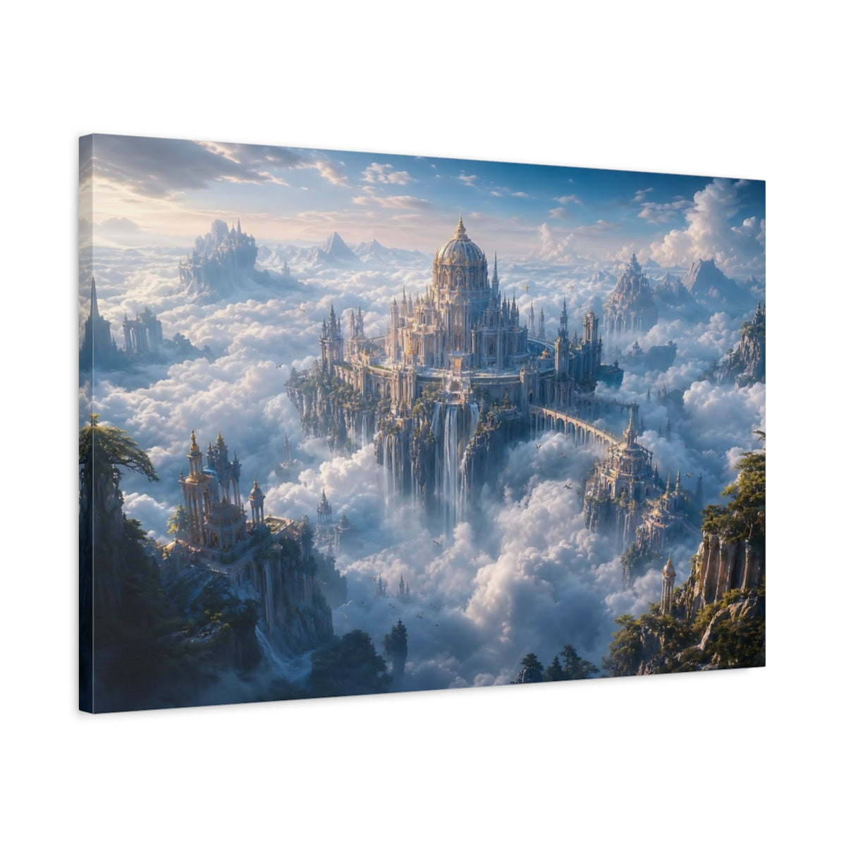 Side Mockup 2. Fairytale Sky City Blue And Gold Landscape shown as stretched canvas wall art