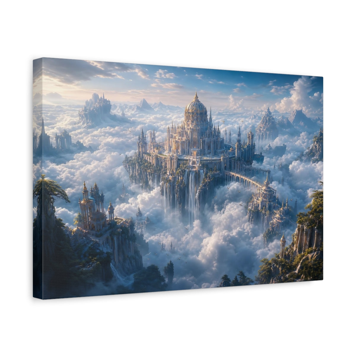 Side Mockup 4. Fairytale Sky City Blue And Gold Landscape shown as stretched canvas wall art