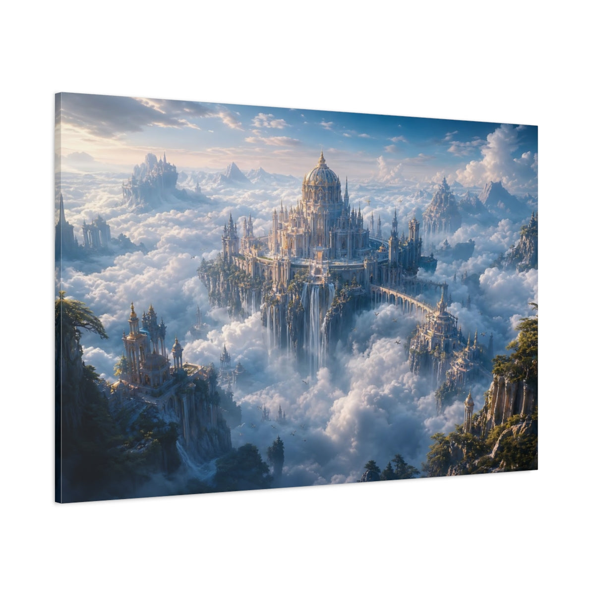 Side Mockup 1. Fairytale Sky City Blue And Gold Landscape shown as stretched canvas wall art