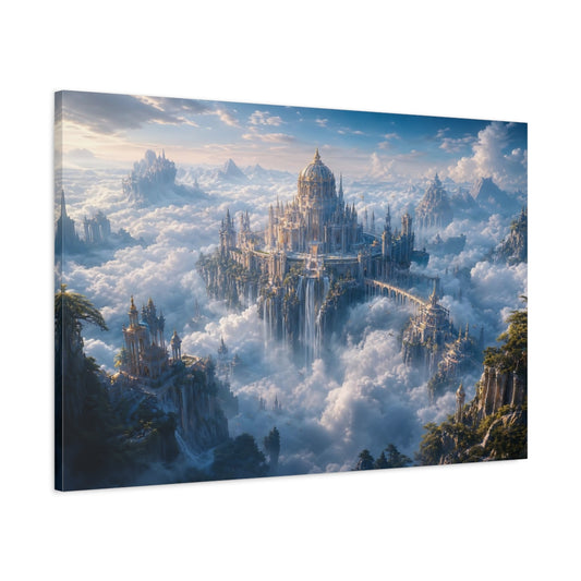 Main Mockup. Fairytale Sky City Blue And Gold Landscape shown as stretched canvas wall art