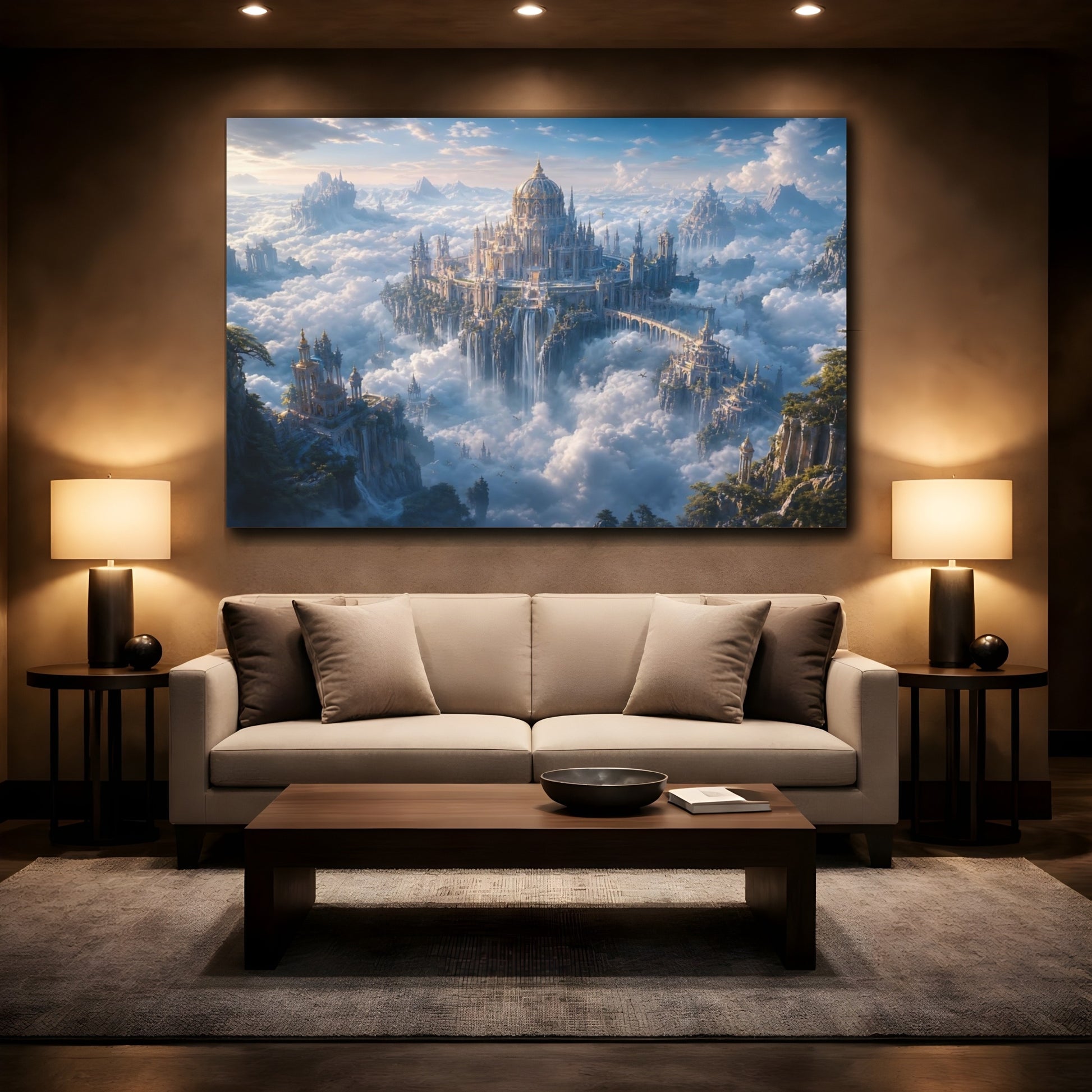 Mockup 2. Fairytale Sky City Blue And Gold Landscape shown as stretched canvas wall art