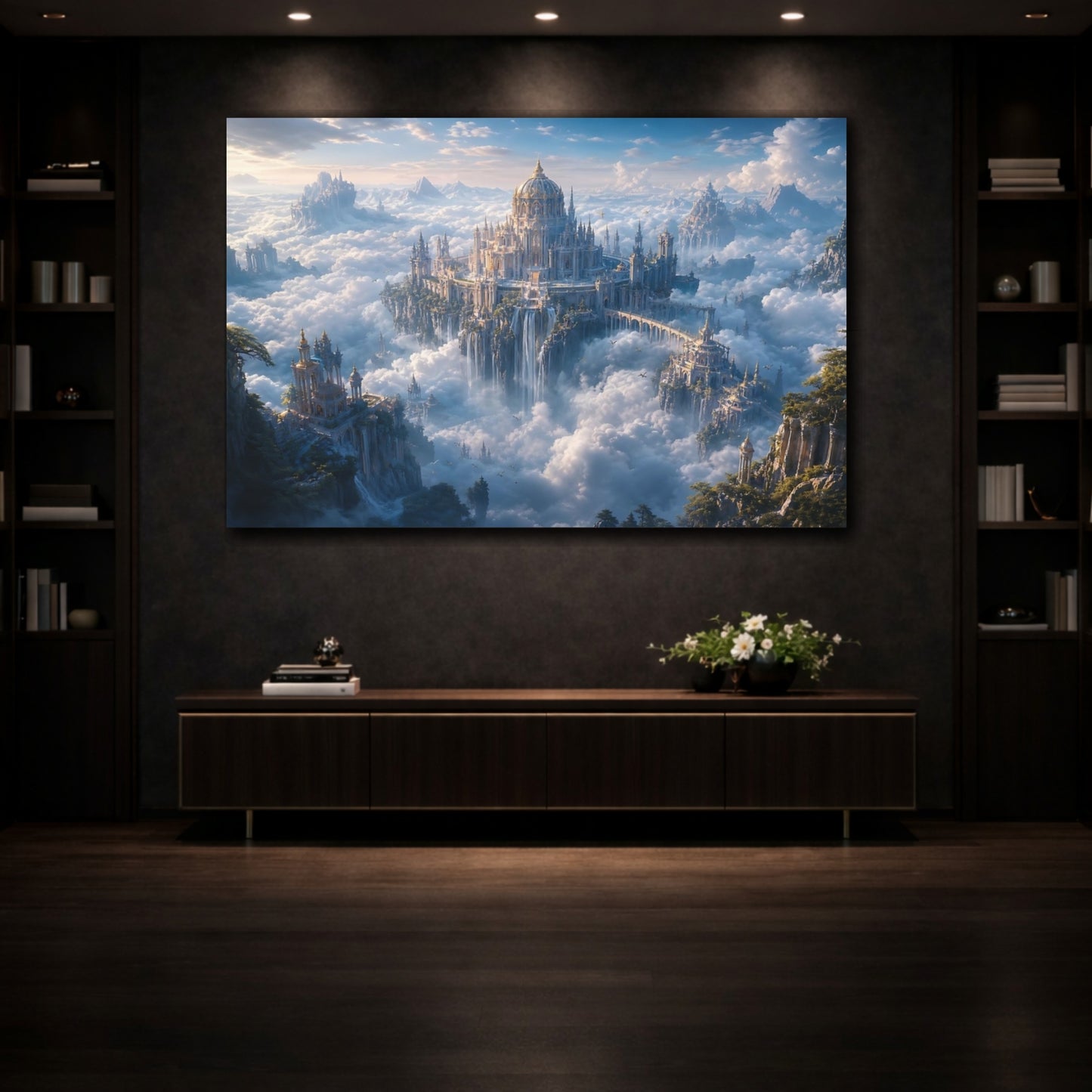 Mockup 3. Fairytale Sky City Blue And Gold Landscape shown as stretched canvas wall art