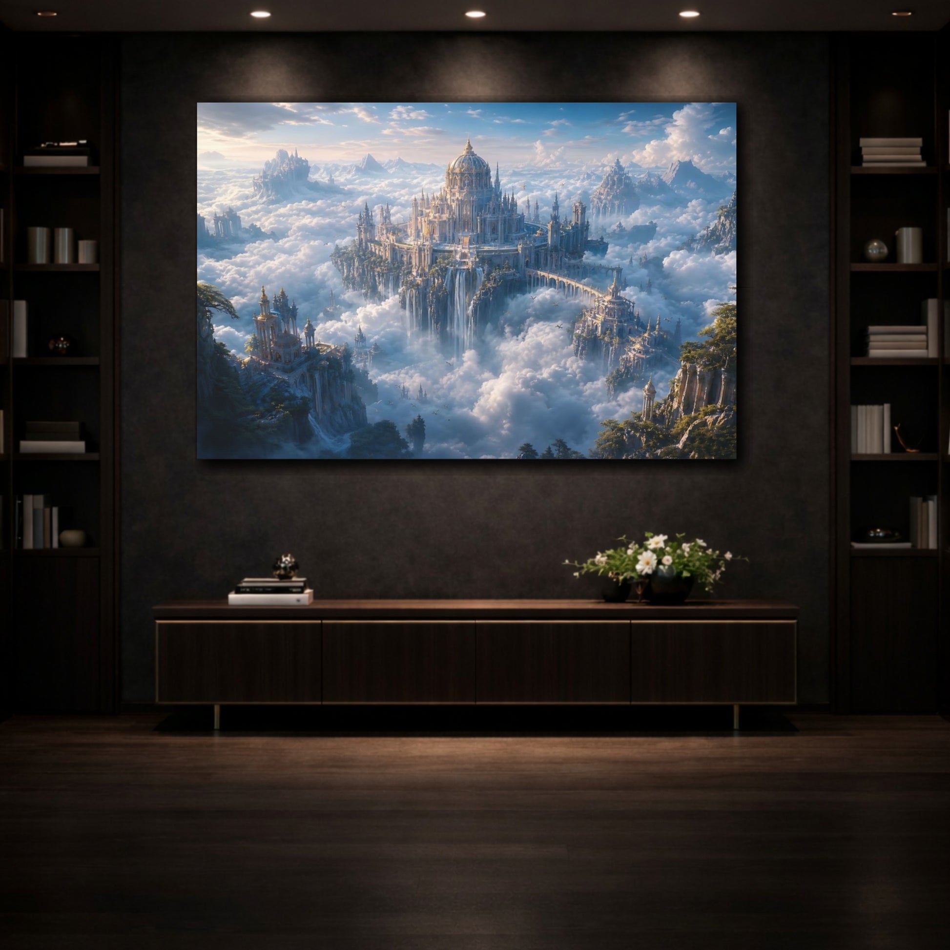 Mockup 3. Fairytale Sky City Blue And Gold Landscape shown as stretched canvas wall art