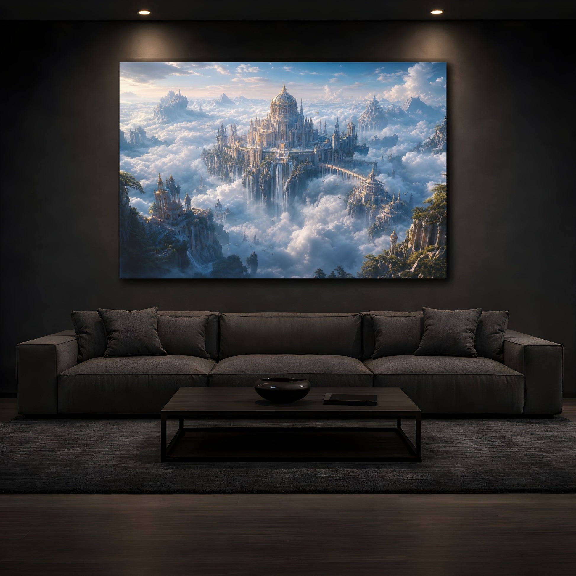 Mockup 4. Fairytale Sky City Blue And Gold Landscape shown as stretched canvas wall art