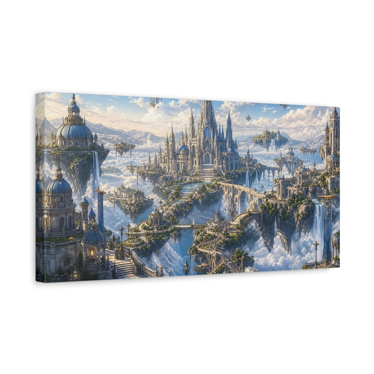 Side Mockup 3. Fairytale Sky City Fantasy Sky City shown as stretched canvas wall art