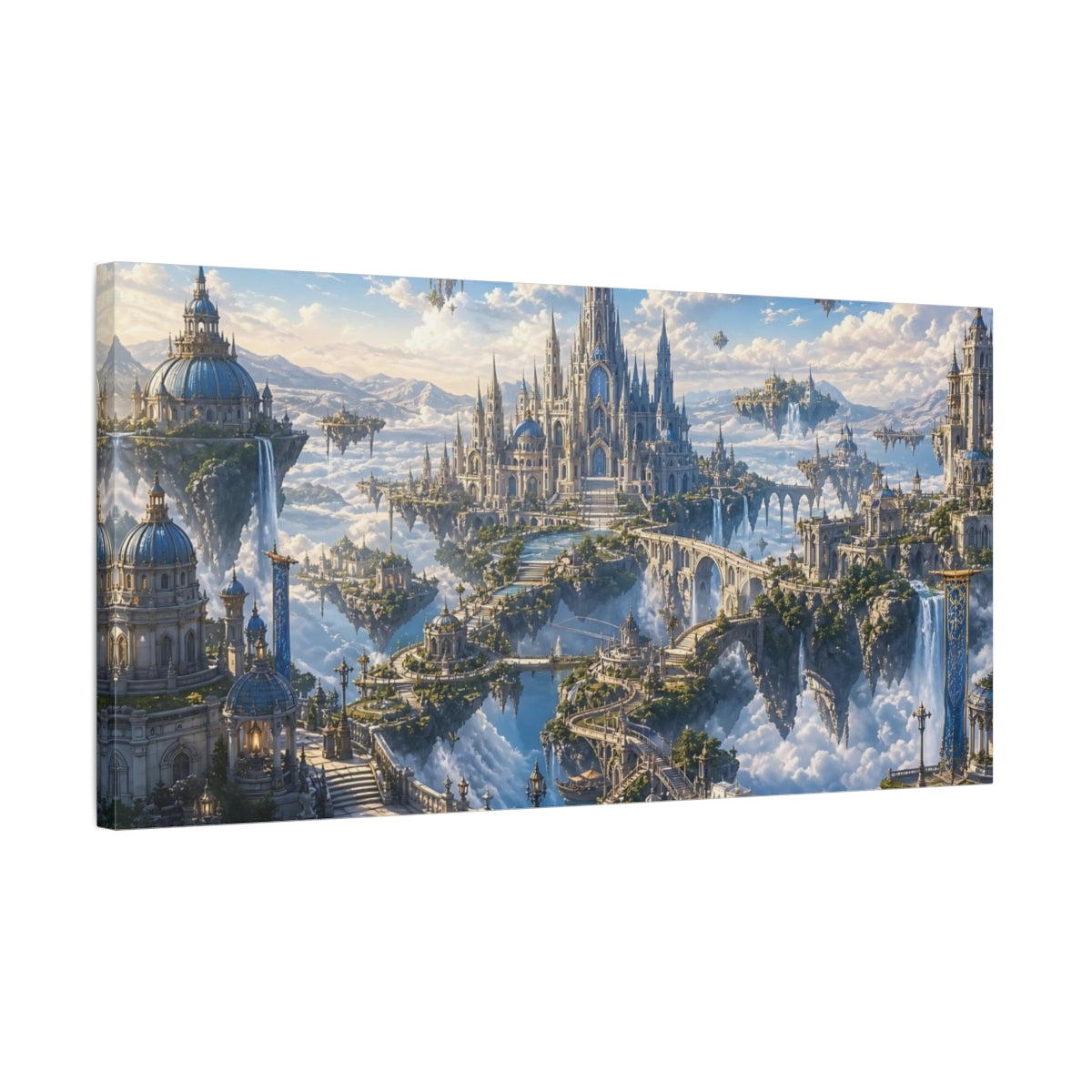 Side Mockup 1. Fairytale Sky City Fantasy Sky City shown as stretched canvas wall art