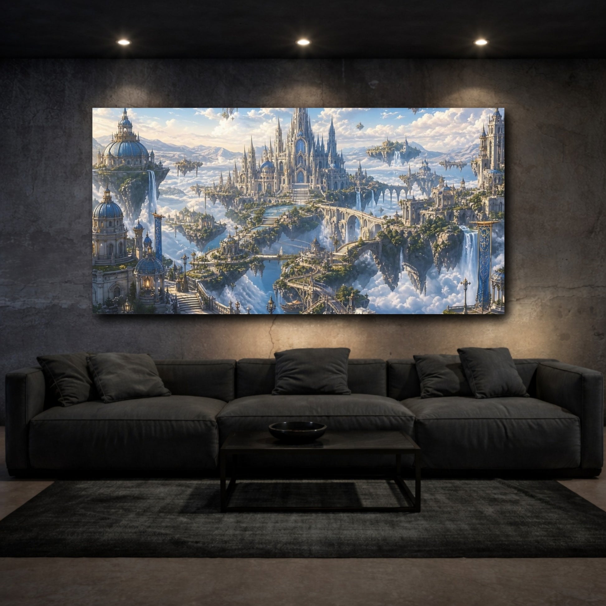 Mockup 2. Fairytale Sky City Fantasy Sky City shown as stretched canvas wall art