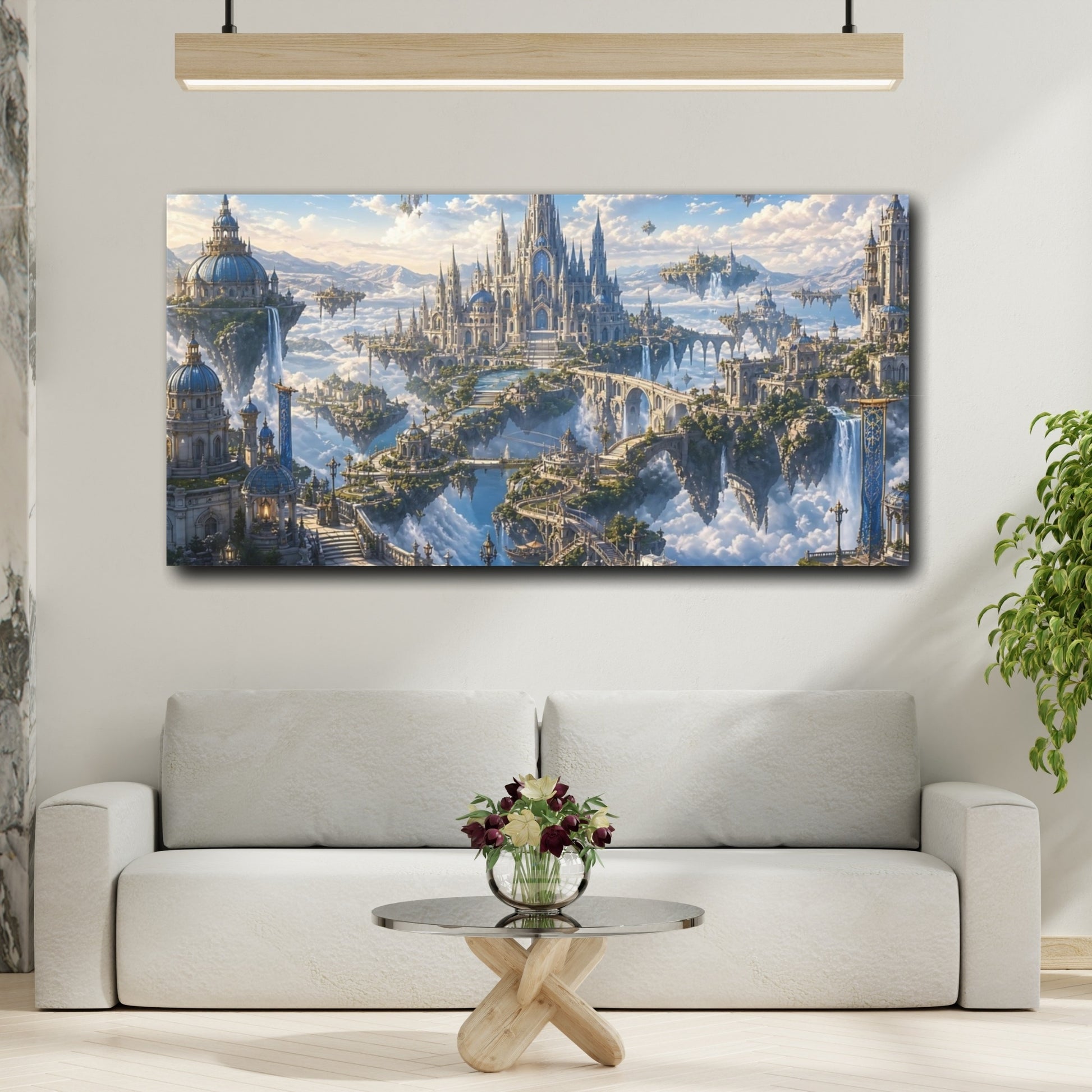Mockup 3. Fairytale Sky City Fantasy Sky City shown as stretched canvas wall art