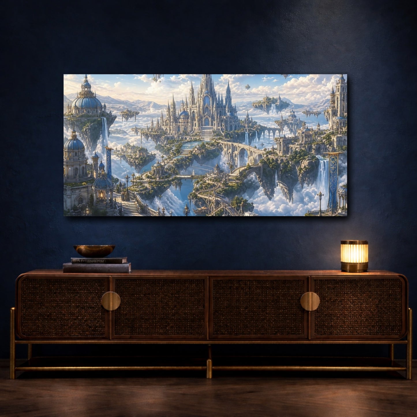 Mockup 4. Fairytale Sky City Fantasy Sky City shown as stretched canvas wall art