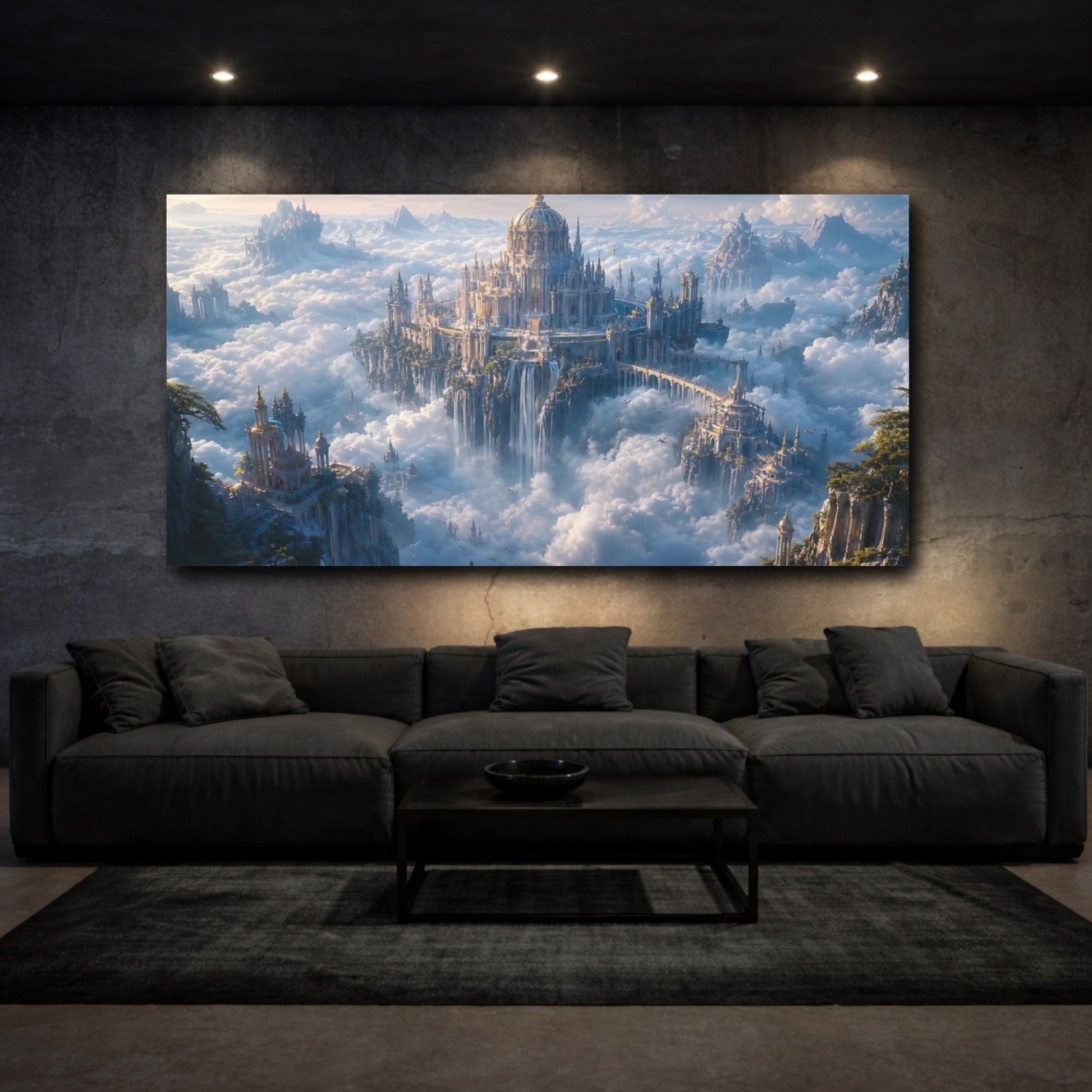 Mockup 2. Fairytale Sky City Sky City Landscape shown as stretched canvas wall art