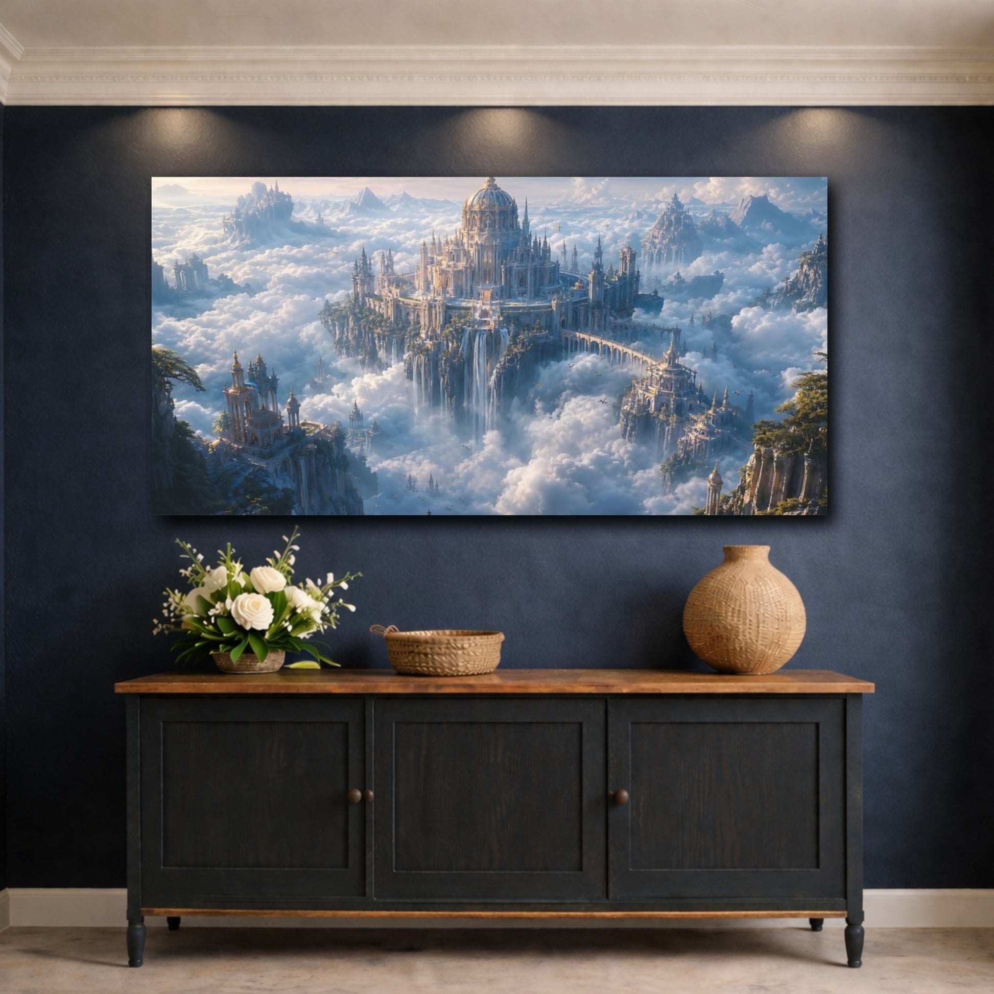 Mockup 4. Fairytale Sky City Sky City Landscape shown as stretched canvas wall art