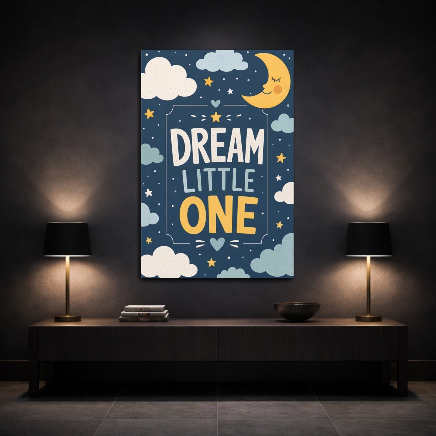 Mockup 3. Fairytale Sleeping Moon Blue And Yellow shown as stretched canvas wall art