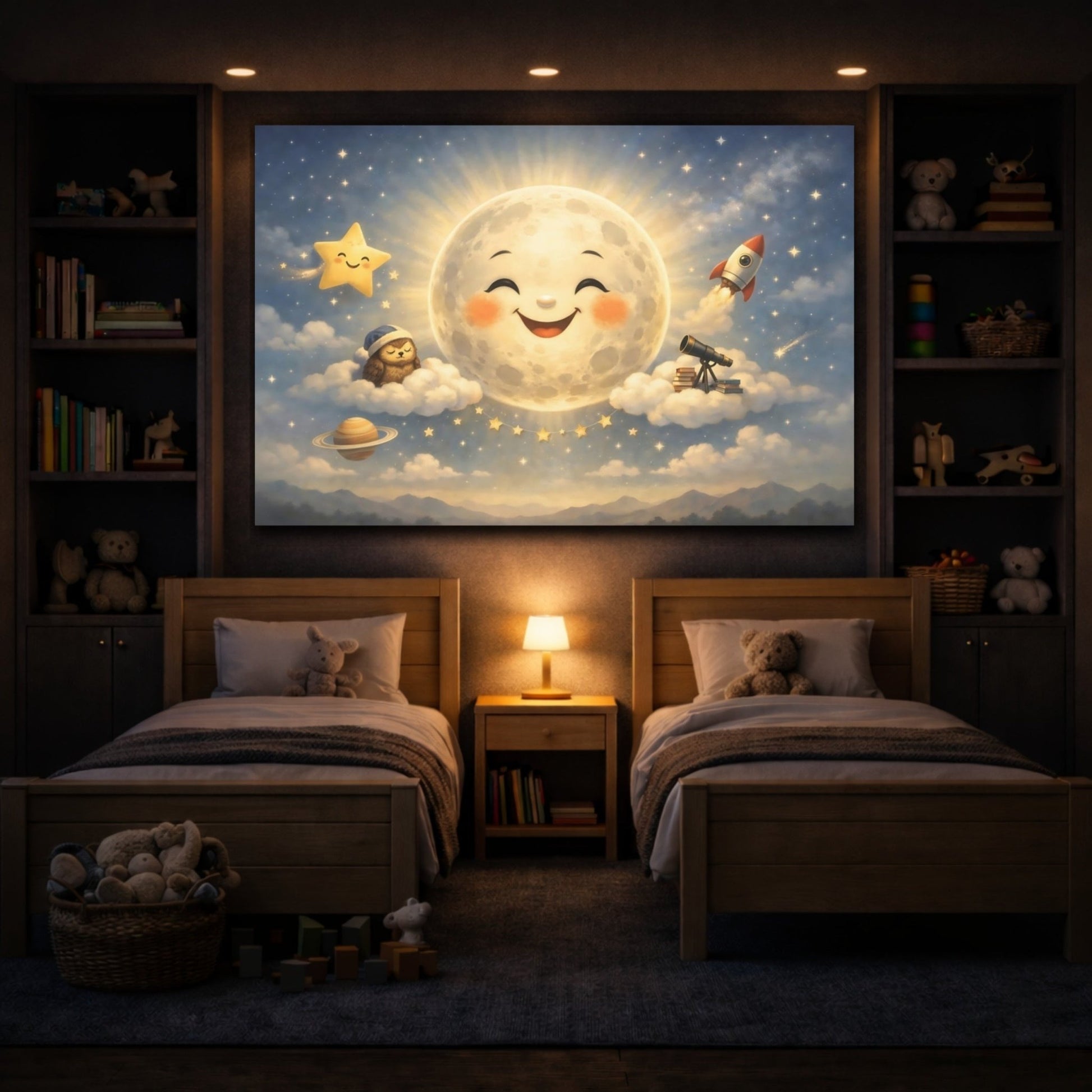 Fairytale Smiling Moon Whimsical Space - Canvas Wall Art Print - YesArtYes