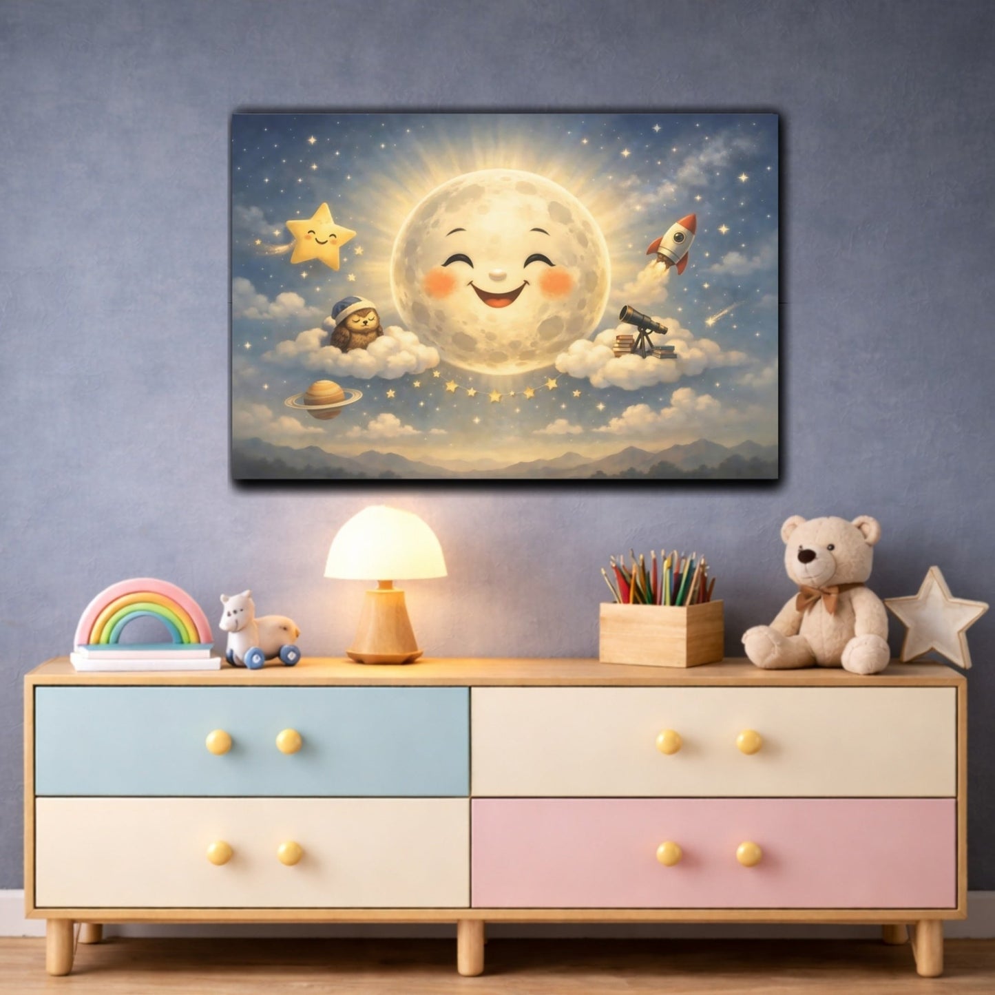 Fairytale Smiling Moon Whimsical Space - Canvas Wall Art Print - YesArtYes