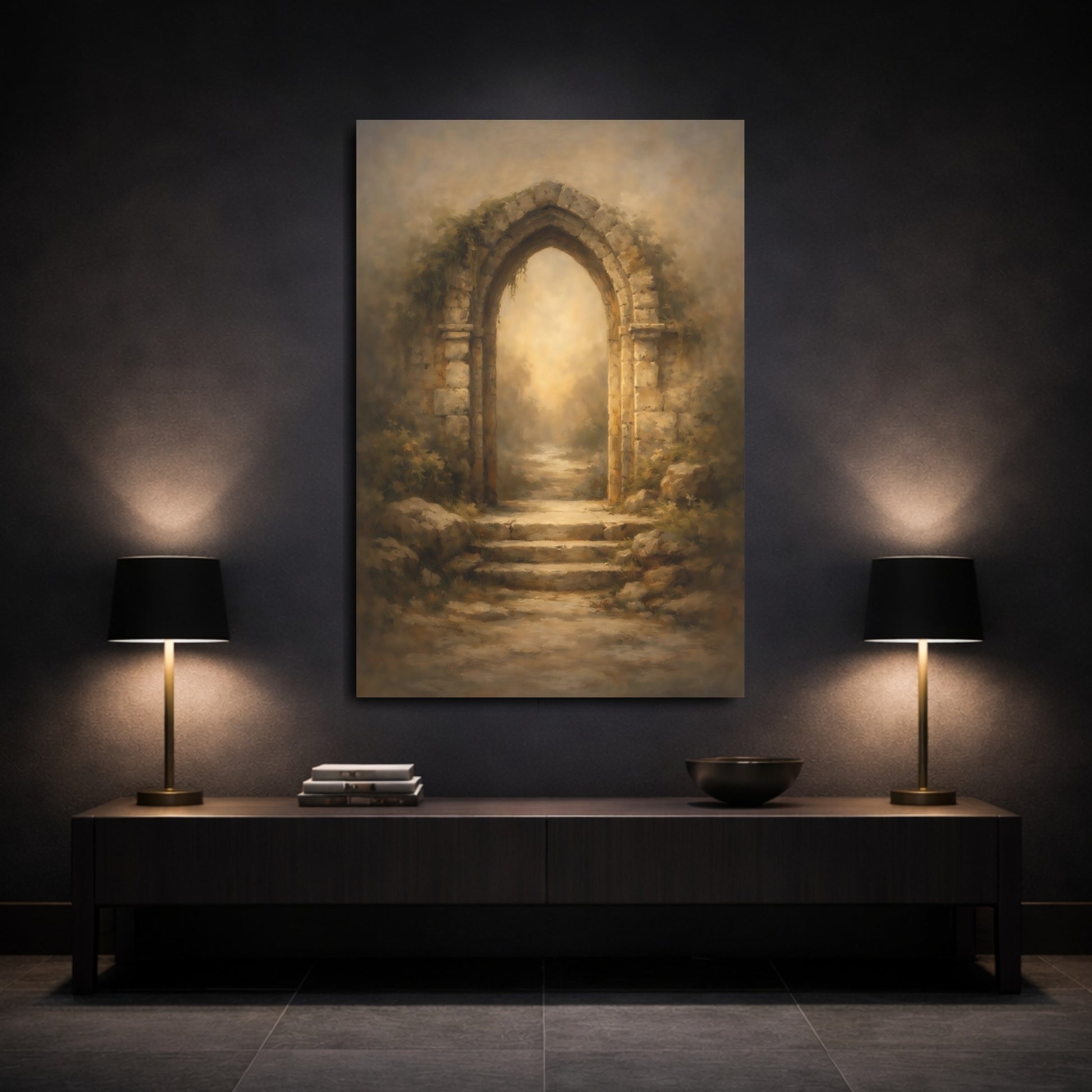 Mockup 2. Fairytale Stone Archway Rustic Archway shown as stretched canvas wall art