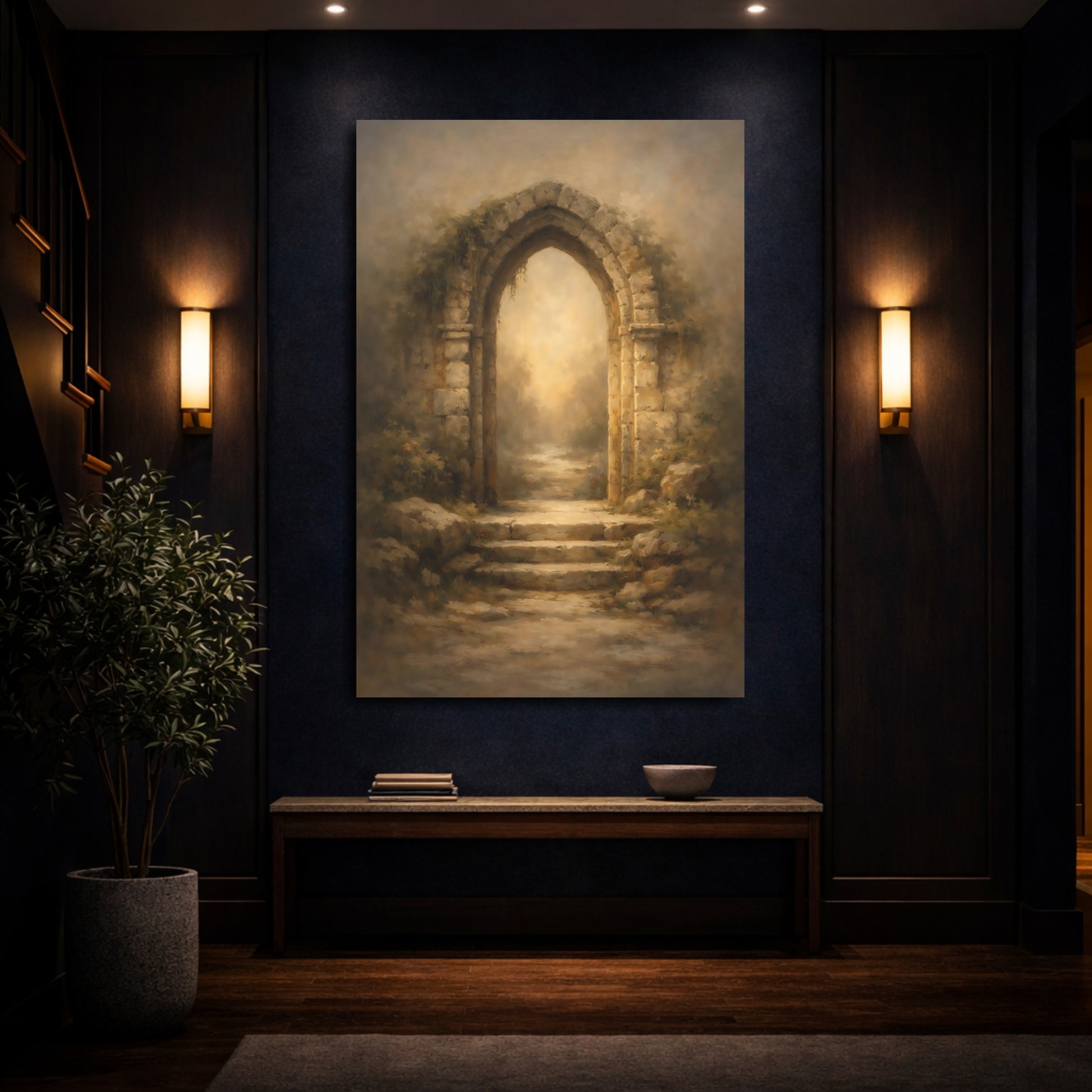 Mockup 3. Fairytale Stone Archway Rustic Archway shown as stretched canvas wall art