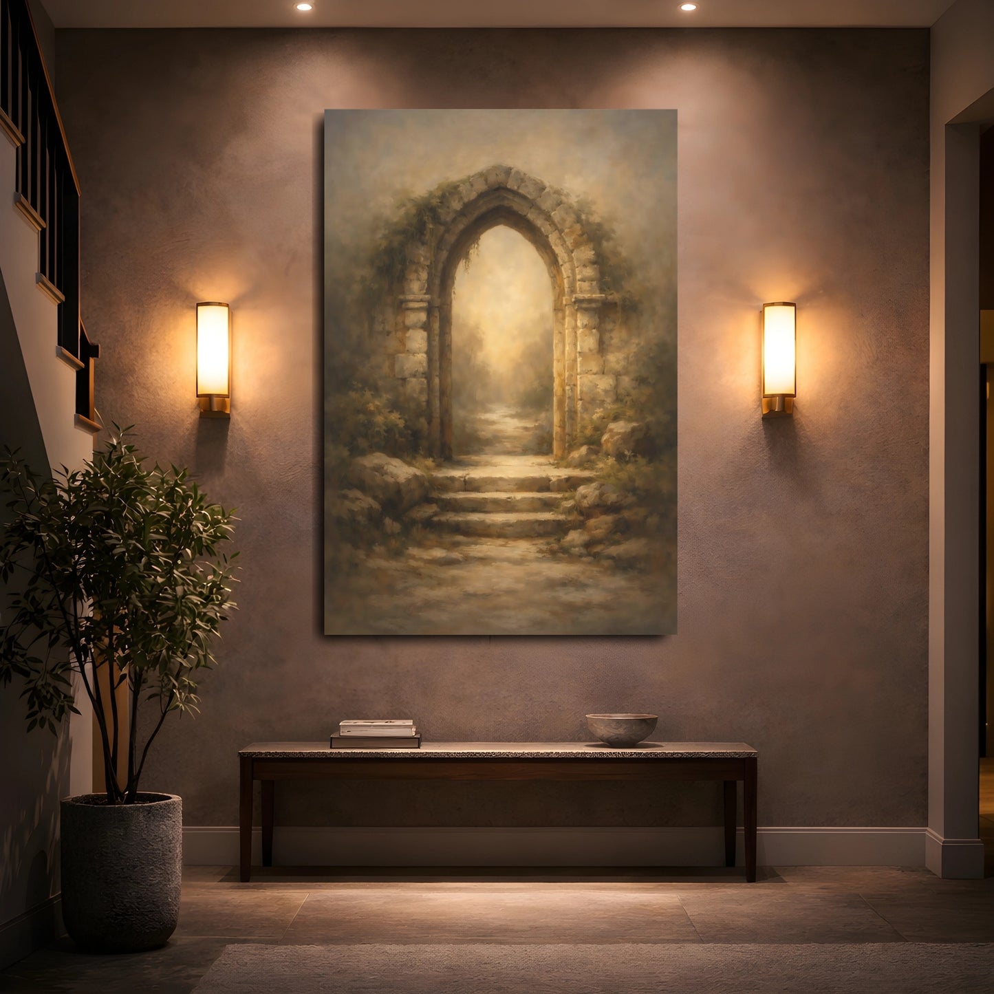 Mockup 4. Fairytale Stone Archway Rustic Archway shown as stretched canvas wall art