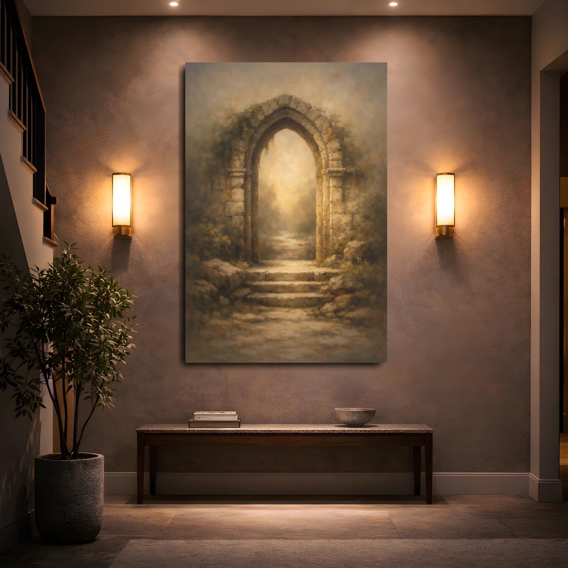 Mockup 4. Fairytale Stone Archway Rustic Archway shown as stretched canvas wall art