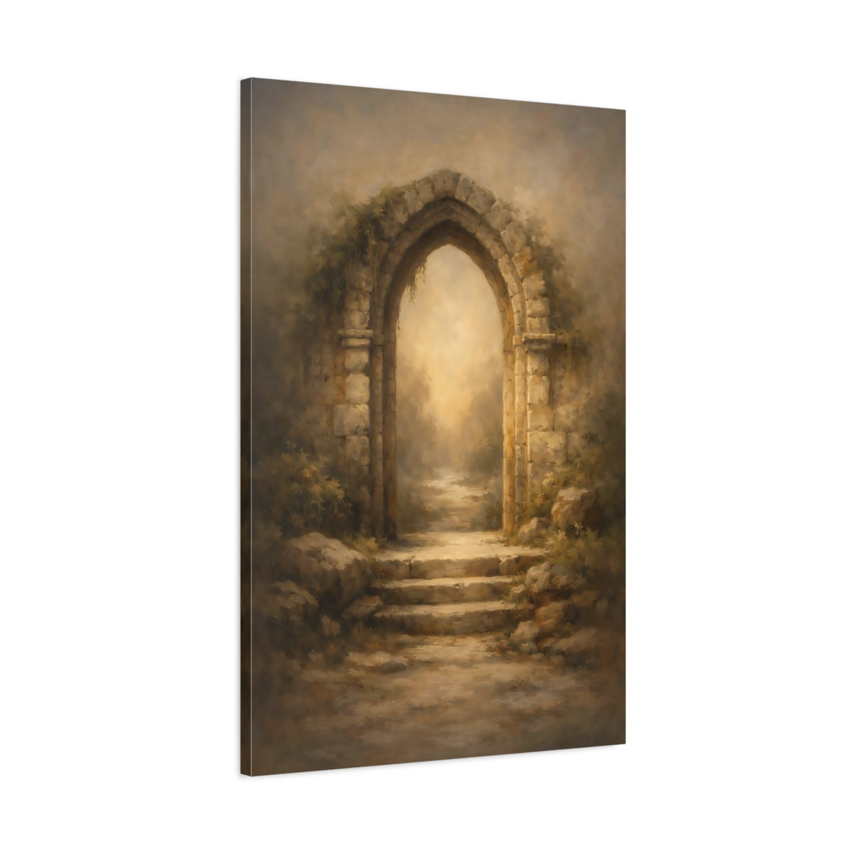 Side Mockup 1. Fairytale Stone Archway Rustic Archway shown as stretched canvas wall art