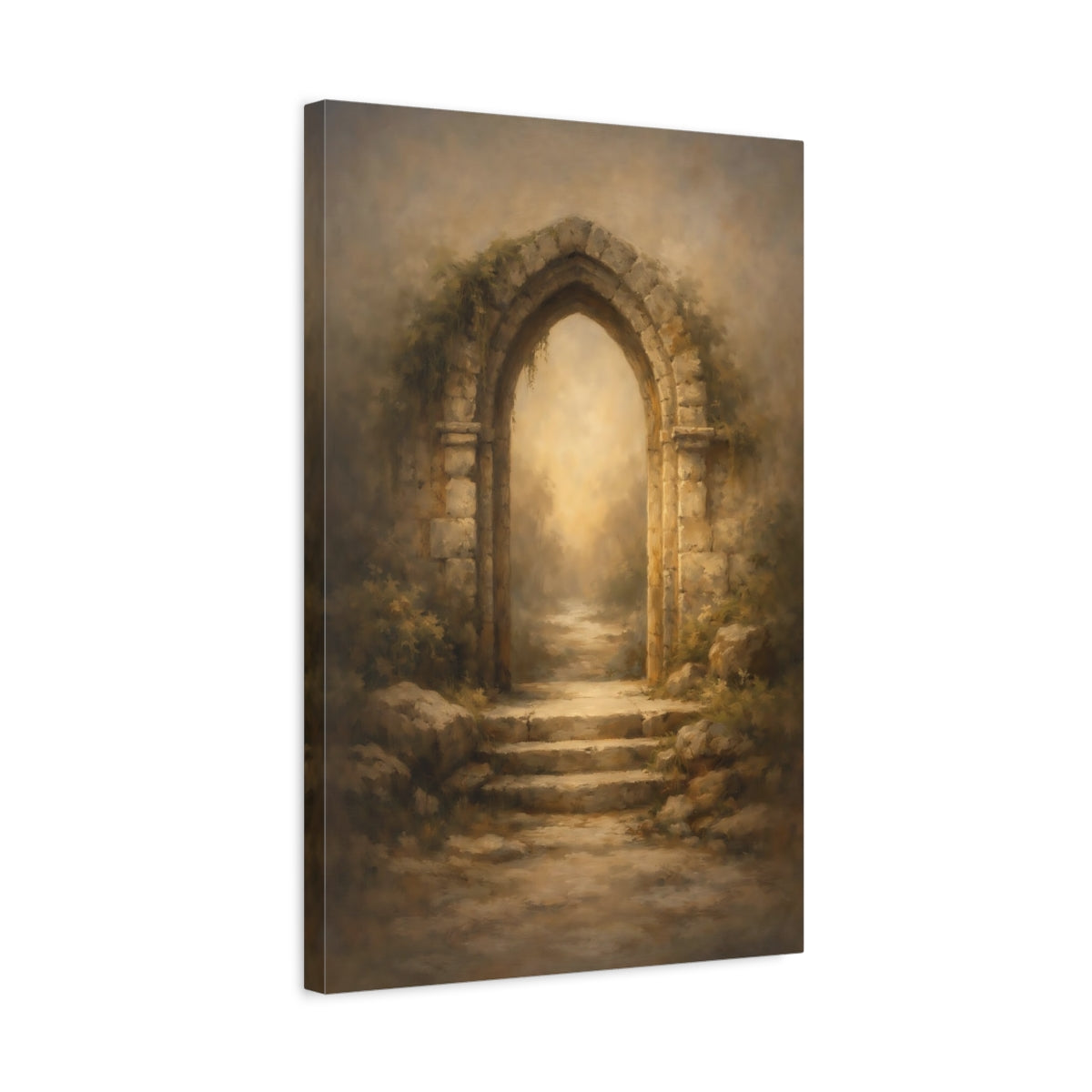 Side Mockup 3. Fairytale Stone Archway Rustic Archway shown as stretched canvas wall art