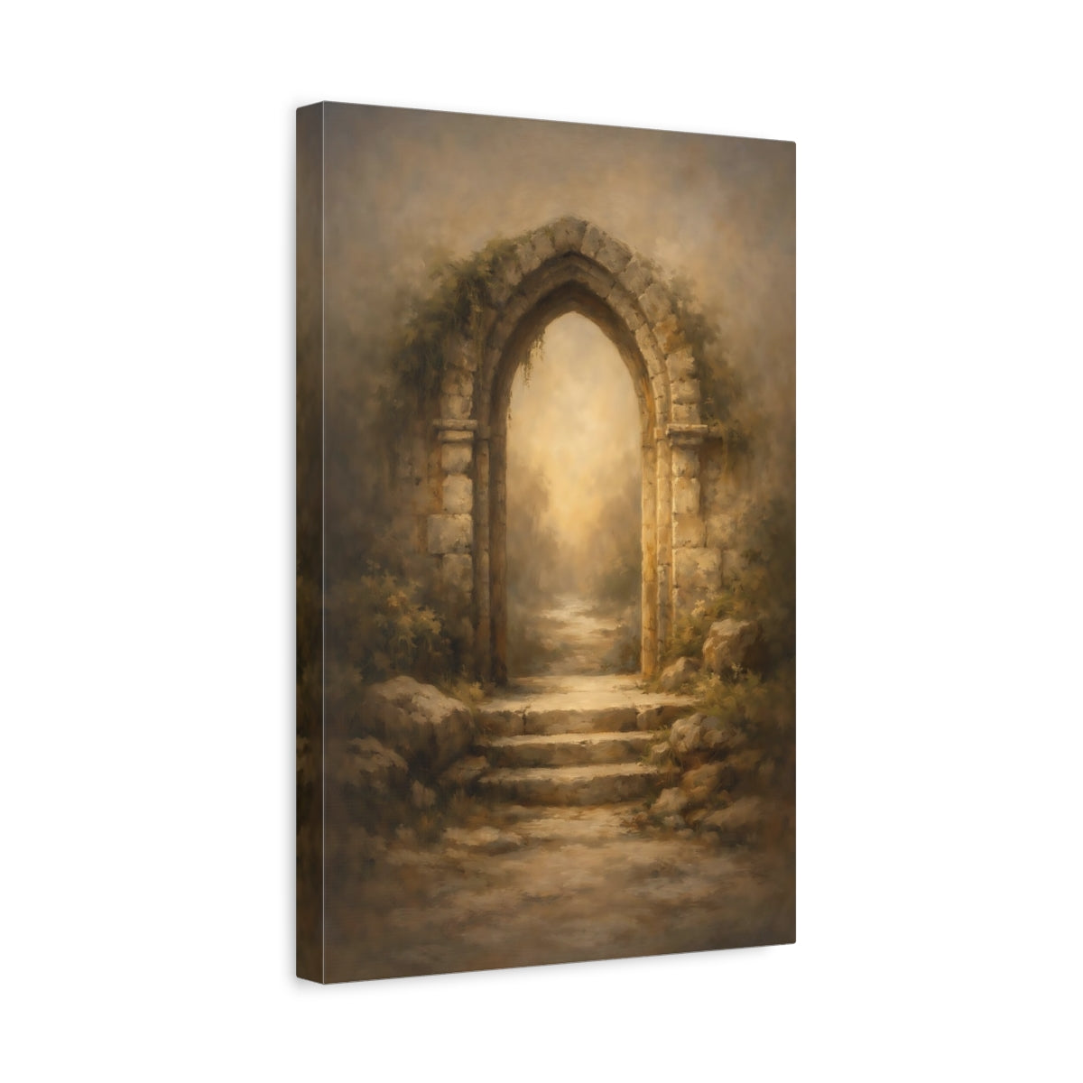 Side Mockup 4. Fairytale Stone Archway Rustic Archway shown as stretched canvas wall art