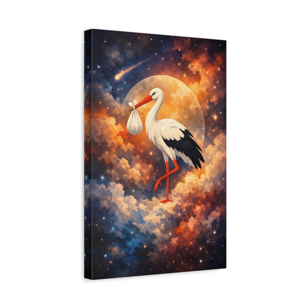 Side Mockup 4. Fairytale Stork Stork Baby Celestial shown as stretched canvas wall art
