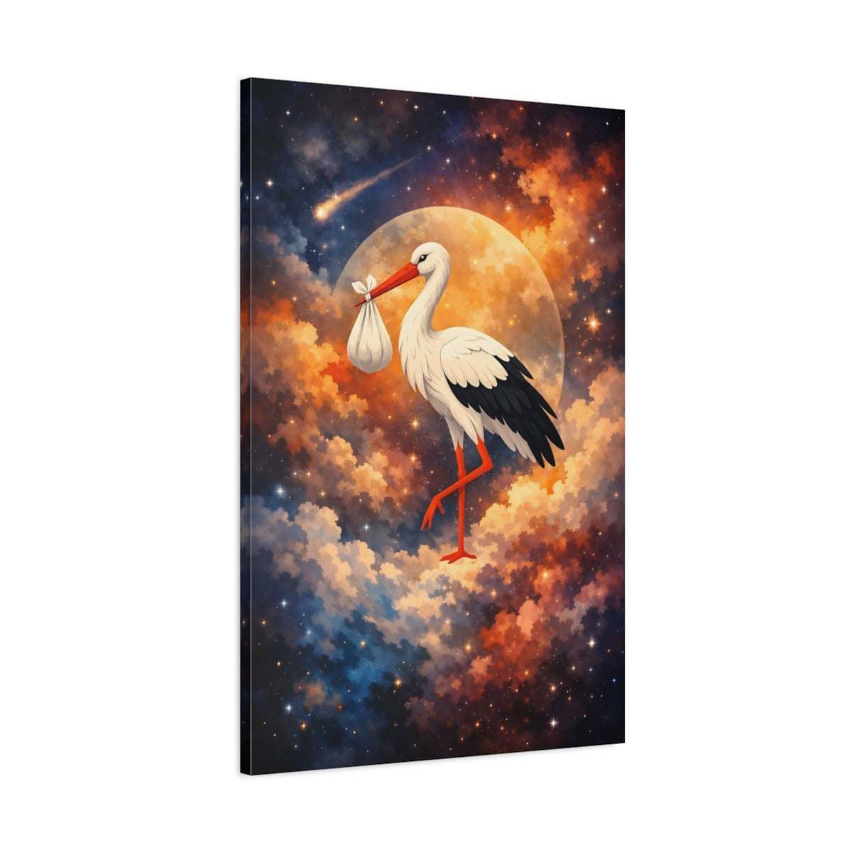 Side Mockup 1. Fairytale Stork Stork Baby Celestial shown as stretched canvas wall art