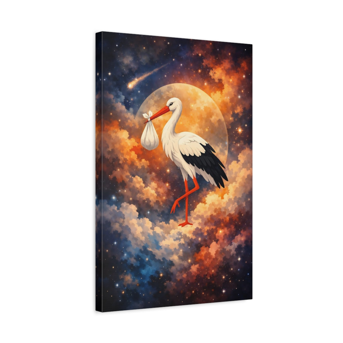 Side Mockup 3. Fairytale Stork Stork Baby Celestial shown as stretched canvas wall art