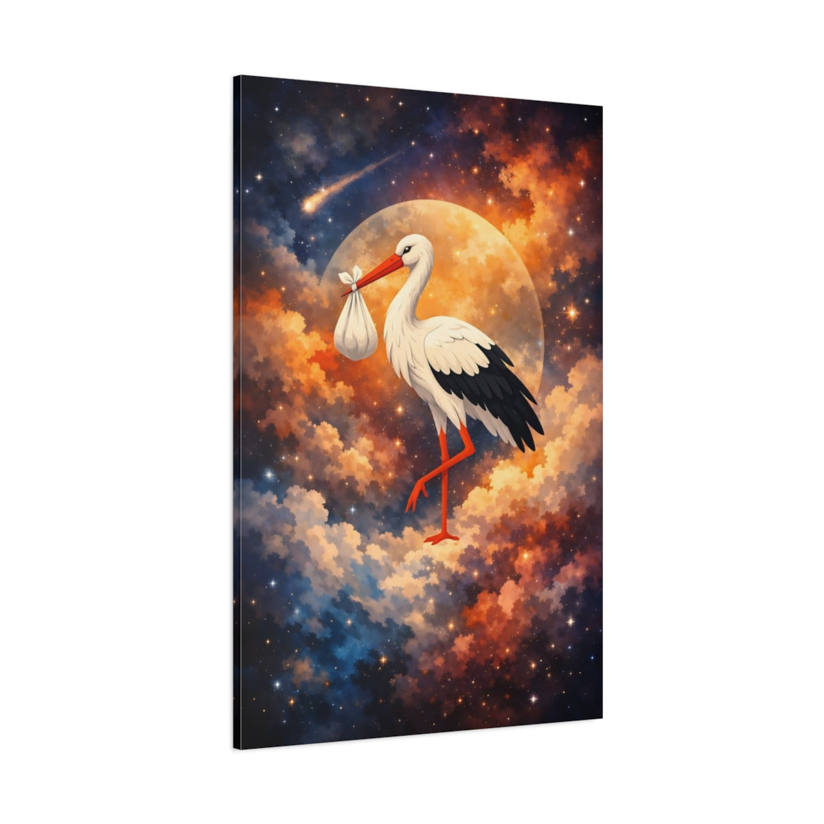 Main Mockup. Fairytale Stork Stork Baby Celestial shown as stretched canvas wall art